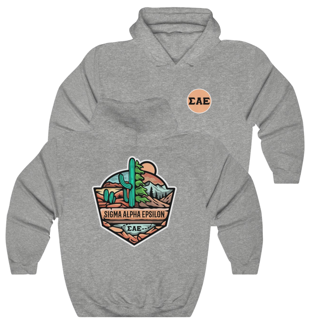 grey Sigma Alpha Epsilon Graphic Hoodie | Desert Mountains | Sigma Alpha Epsilon Clothing and Merchandise 