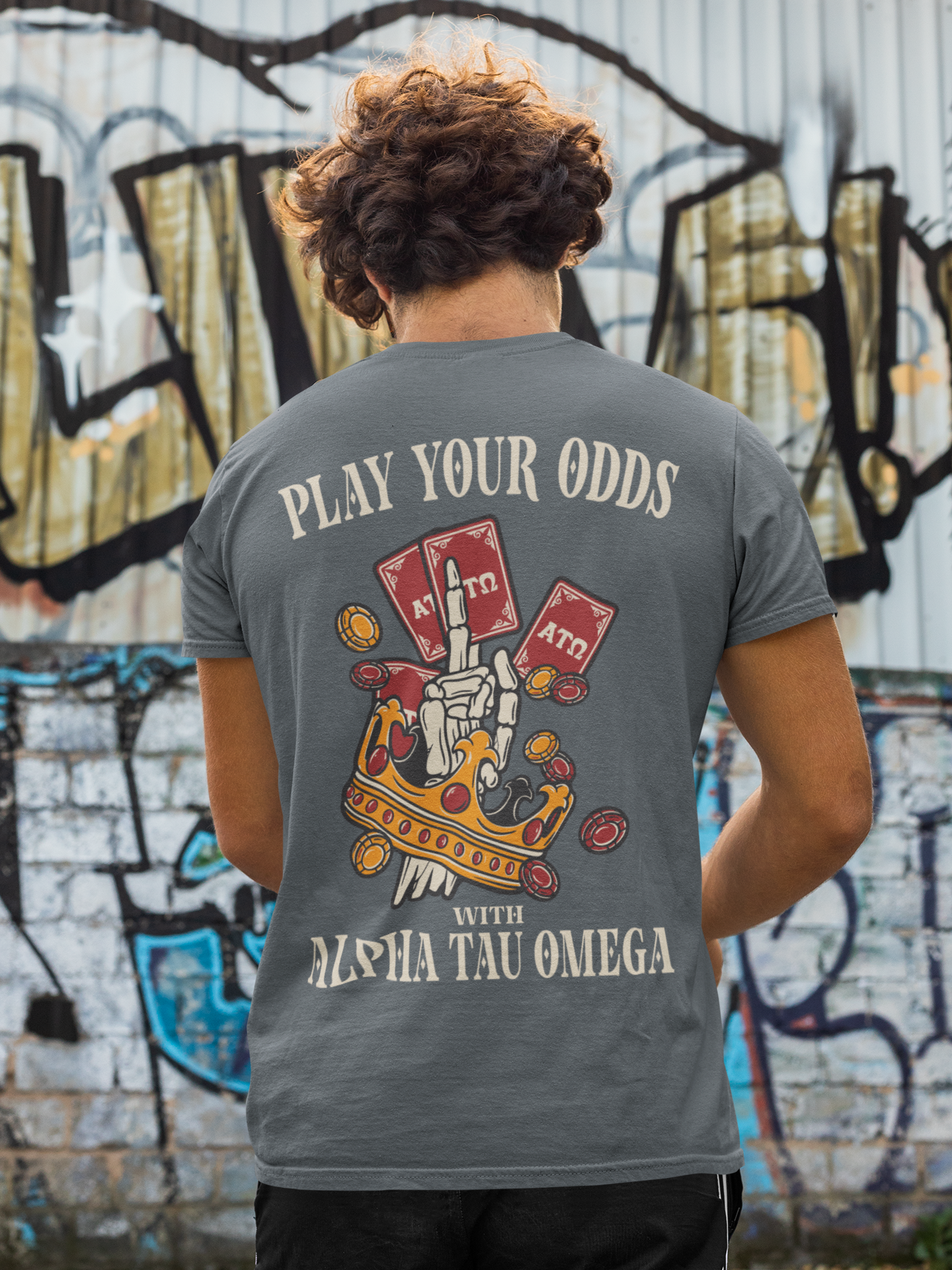 Grey Alpha Tau Omega Graphic T-Shirt | Play Your Odds | Fraternity Merchandise back model 
