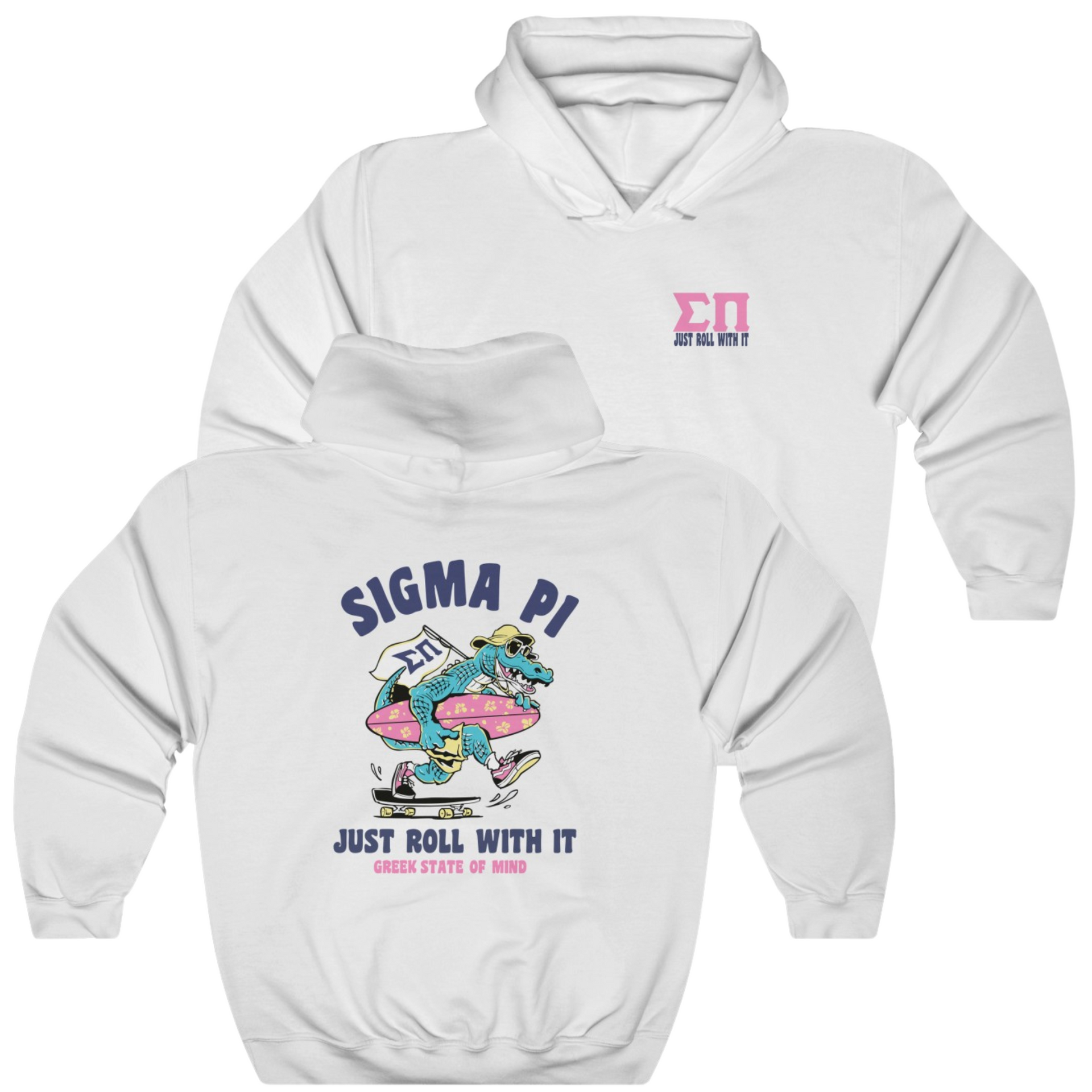 White Sigma Pi Graphic Hoodie | Alligator Skater | Sigma Pi Apparel and Merchandise 
