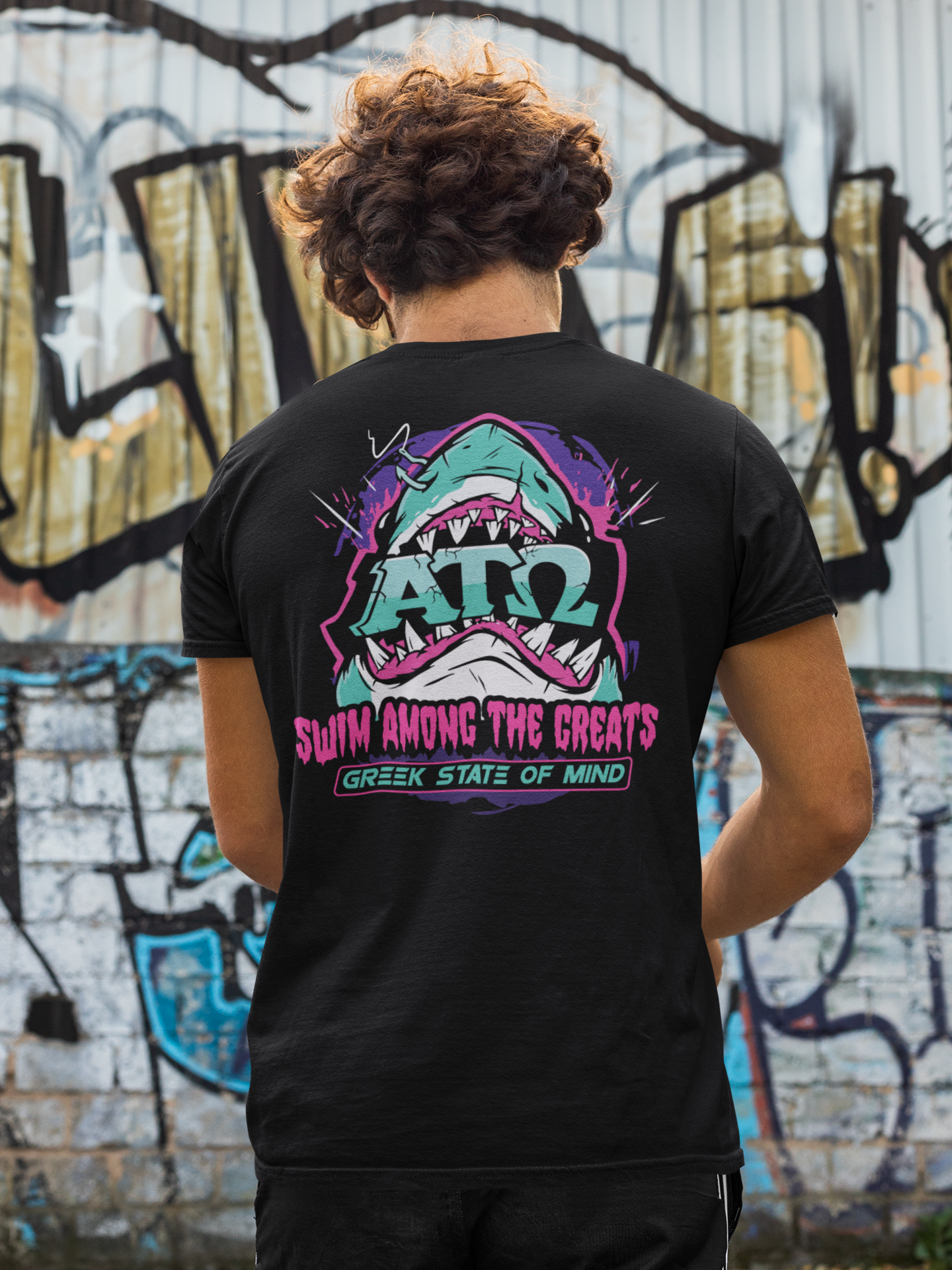 black Alpha Tau Omega Graphic T-Shirt | The Deep End | Alpha Tau Omega Apparel back model 