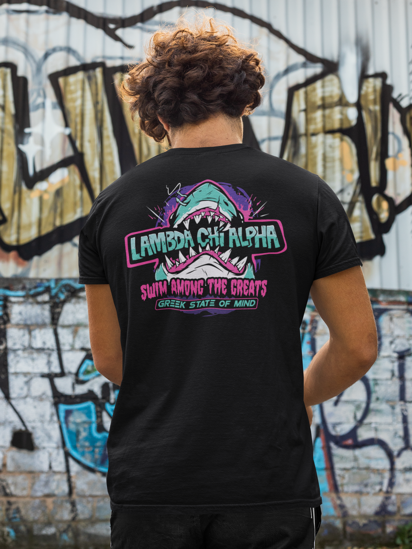 black Lambda Chi Alpha Graphic T-Shirt | The Deep End | Lambda Chi Alpha Fraternity Shirt model 