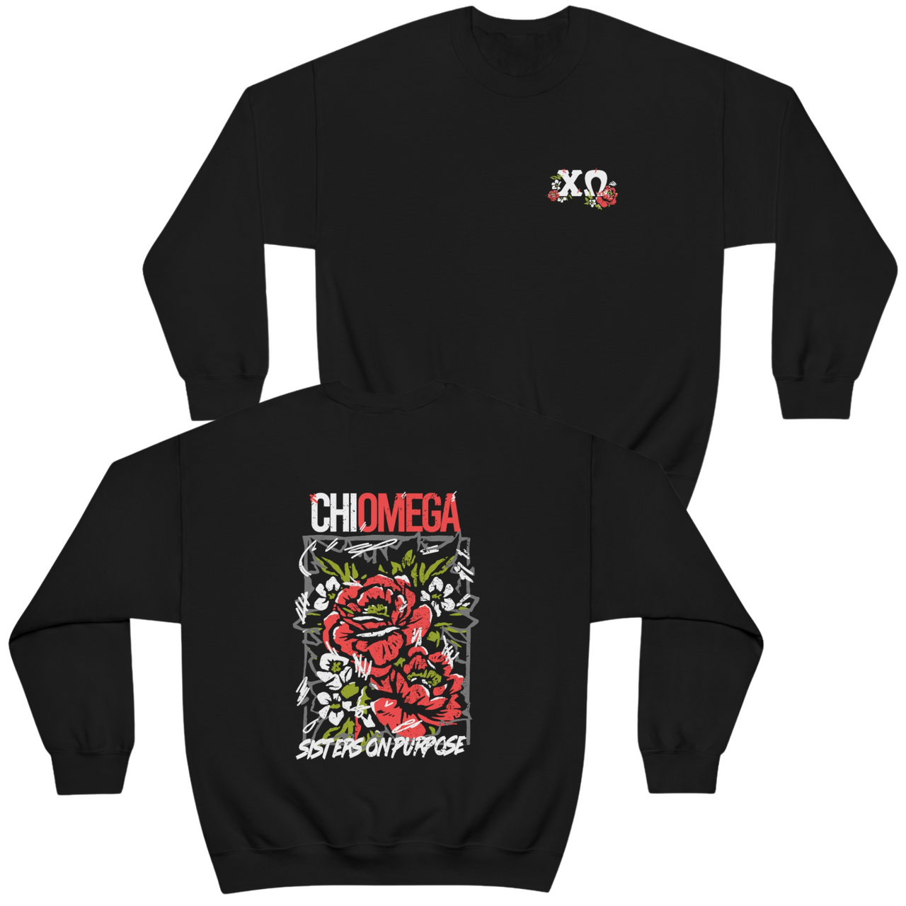 Chi Omega Graphic Crewneck Sweatshirt | Grunge Roses