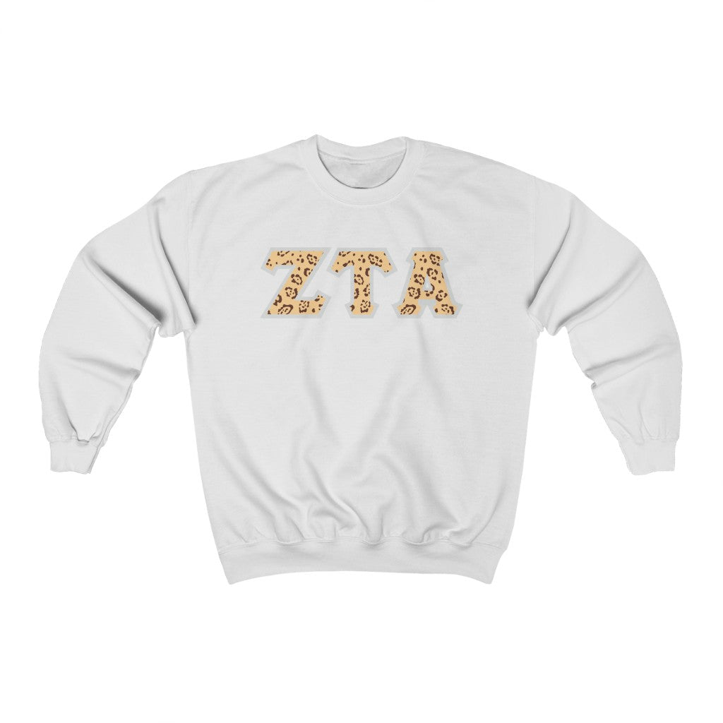 Zeta Tau Alpha Printed Letters | Leopard Print Crewneck