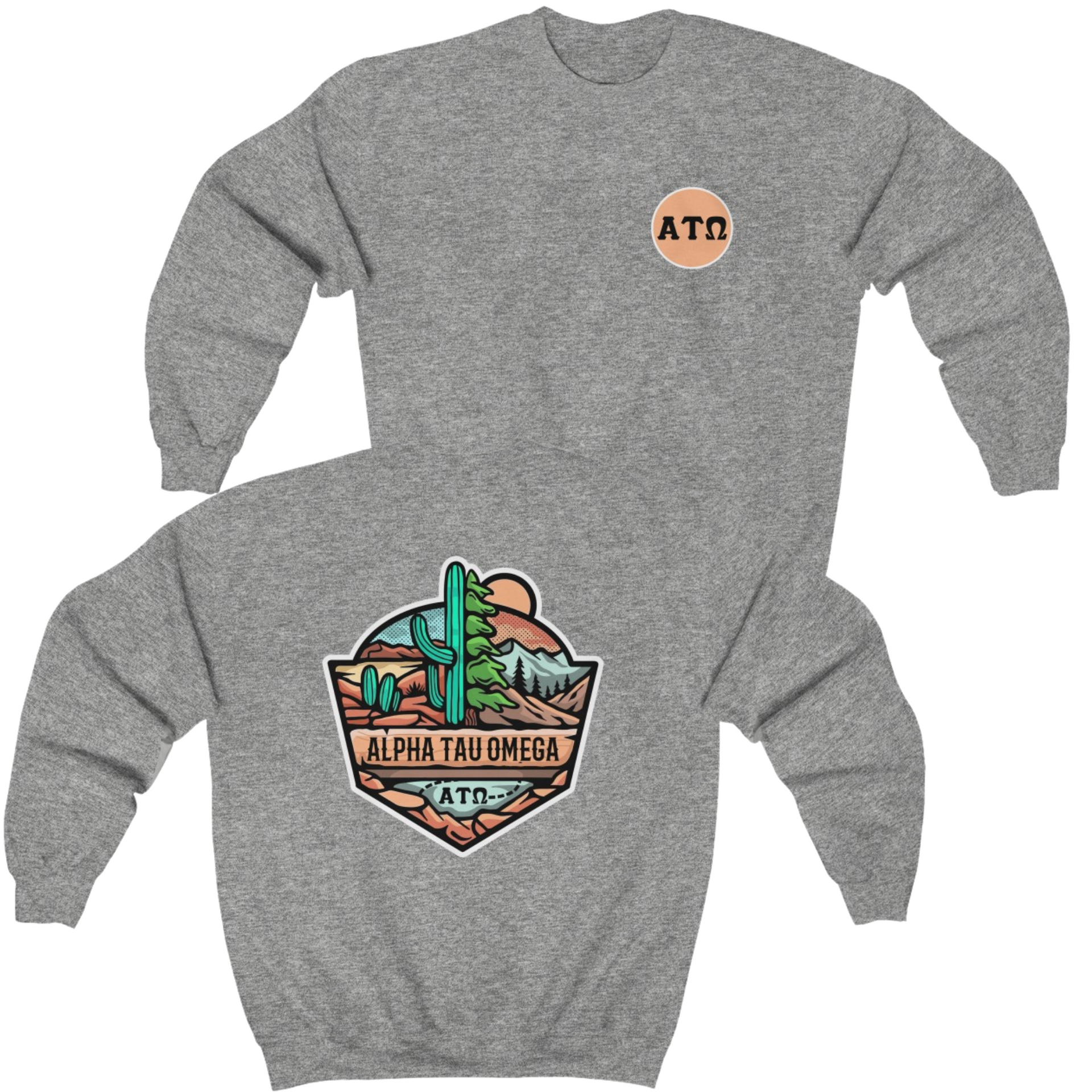 Grey Alpha Tau Omega Graphic Crewneck Sweatshirt | Desert Mountains | Alpha Tau Omega Fraternity Merch
