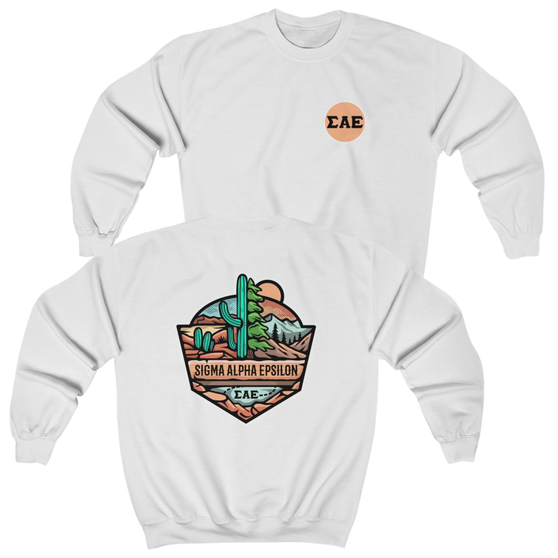 White Sigma Alpha Epsilon Graphic Crewneck Sweatshirt | Desert Mountains | Sigma Alpha Epsilon Clothing and Merchandise 