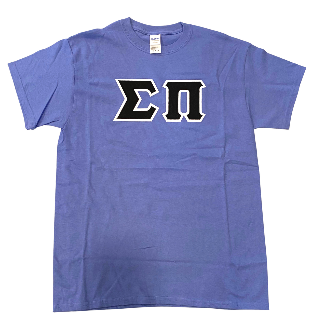 Sigma Pi Stitched Letter T-Shirt | Flo Blue | Black Letters with White Border