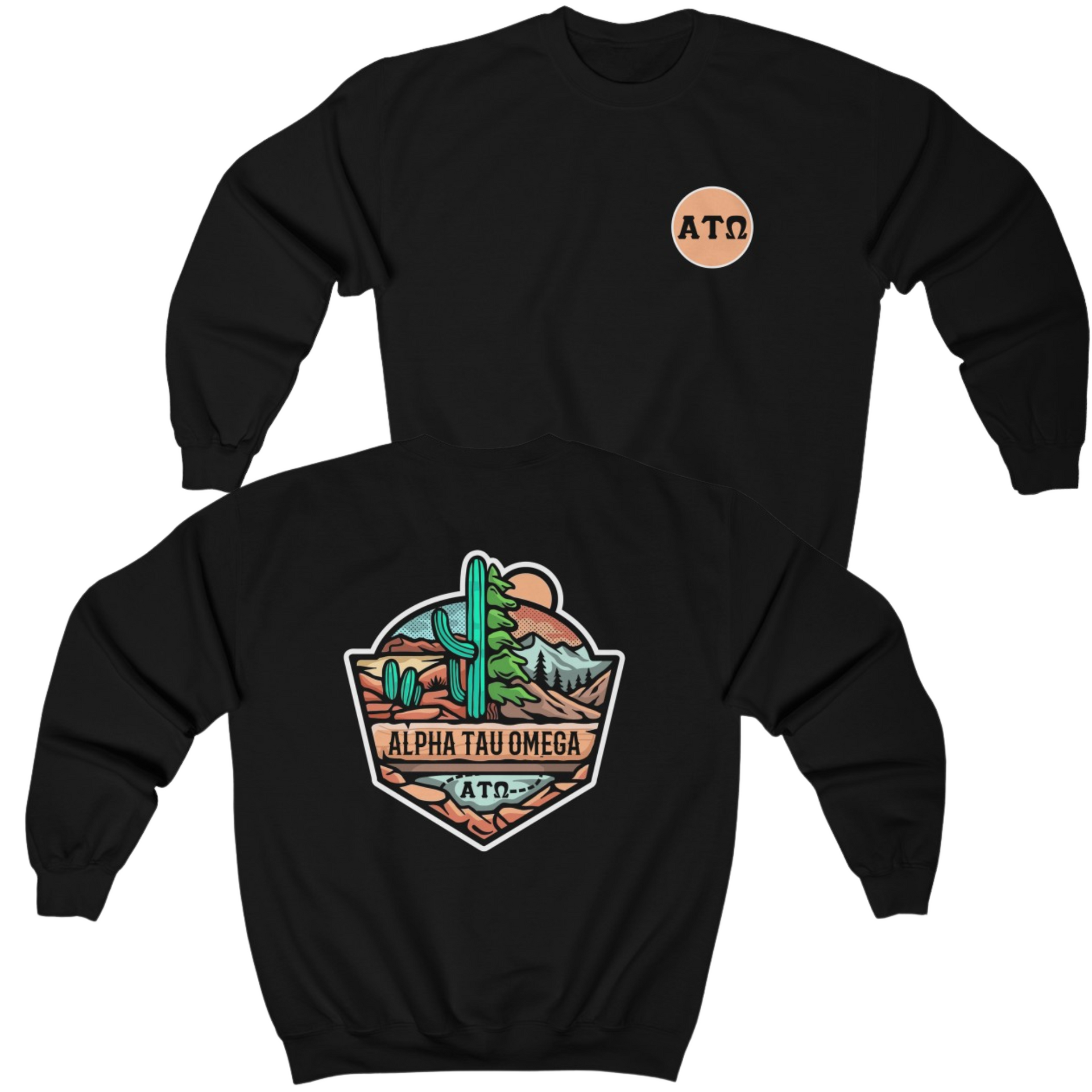 Black Alpha Tau Omega Graphic Crewneck Sweatshirt | Desert Mountains | Alpha Tau Omega Fraternity Merch