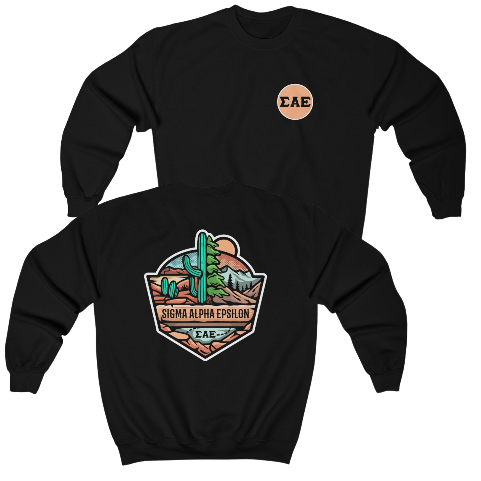 Black Sigma Alpha Epsilon Graphic Crewneck Sweatshirt | Desert Mountains | Sigma Alpha Epsilon Clothing and Merchandise 