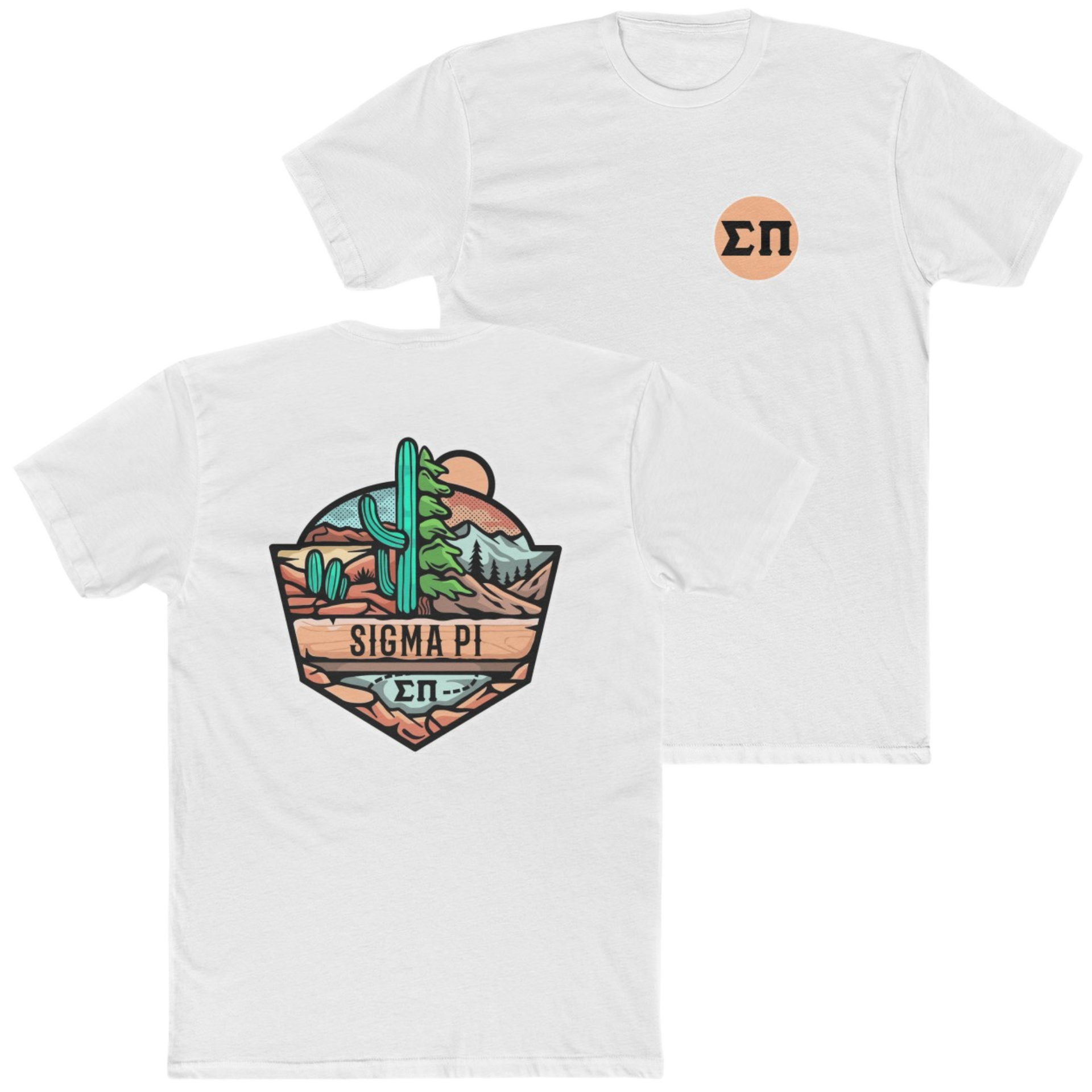 White Sigma Pi Graphic T-Shirt | Desert Mountains | Sigma Pi Apparel and Merchandise