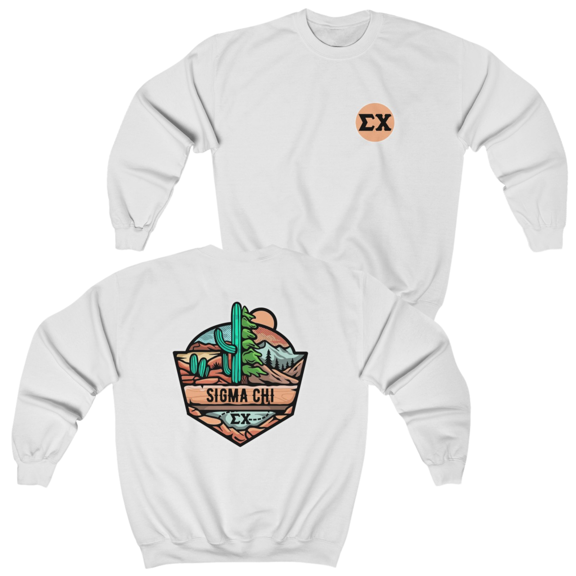 White Sigma Chi Graphic Crewneck Sweatshirt | Desert Mountains | Sigma Chi Fraternity Apparel