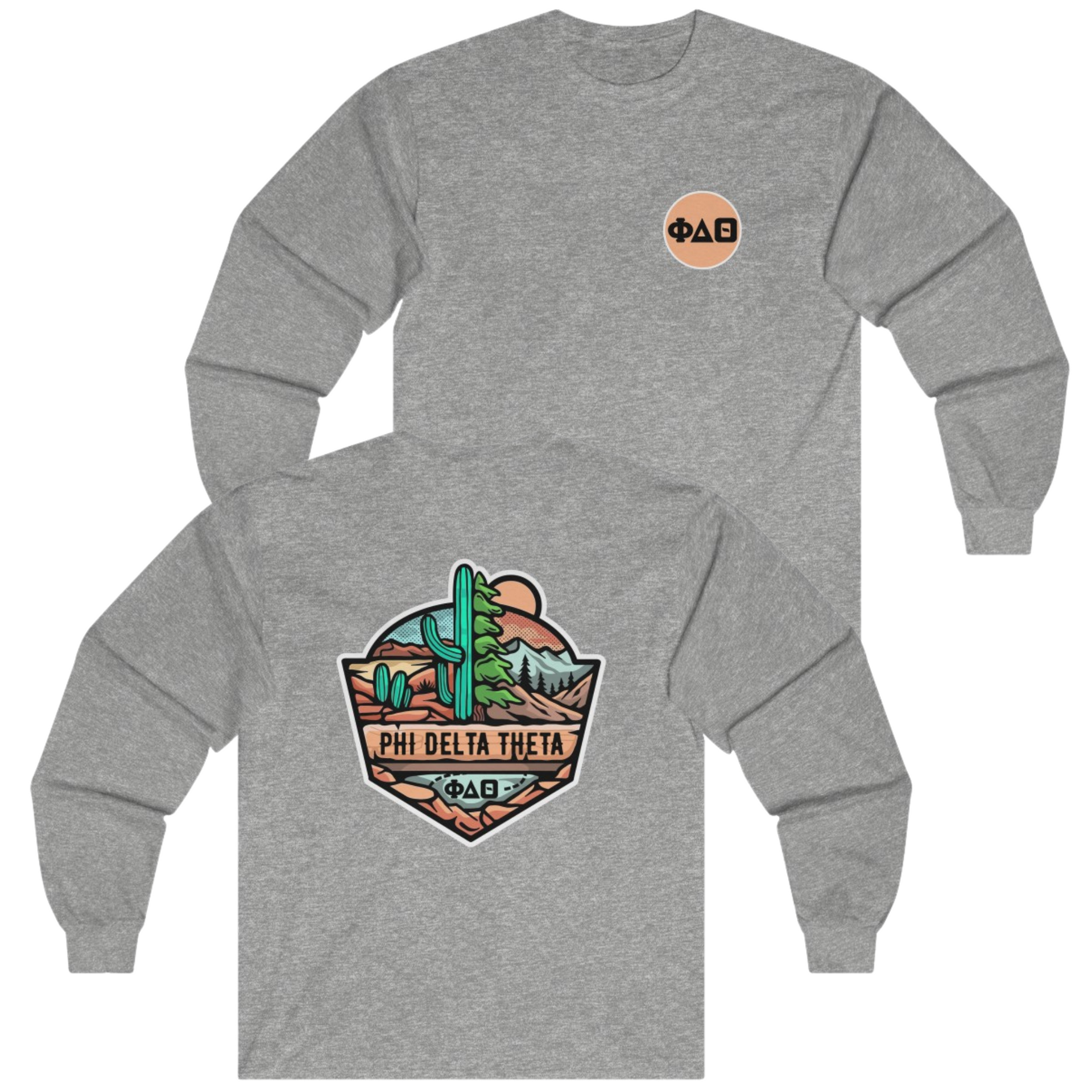 Grey Phi Delta Theta Graphic Long Sleeve T-Shirt | Desert Mountains | phi delta theta fraternity greek apparel 