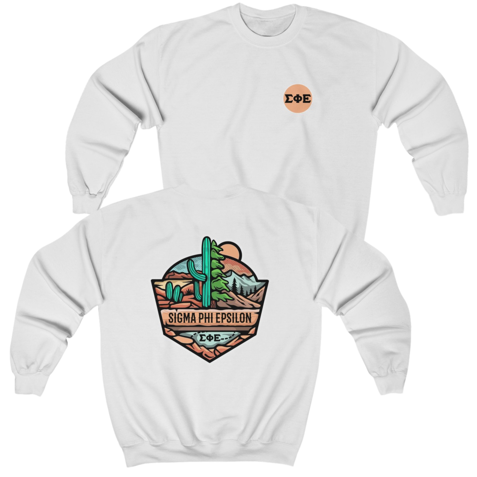 White Sigma Phi Epsilon Graphic Crewneck Sweatshirt | Desert Mountains | SigEp Clothing - Campus Apparel