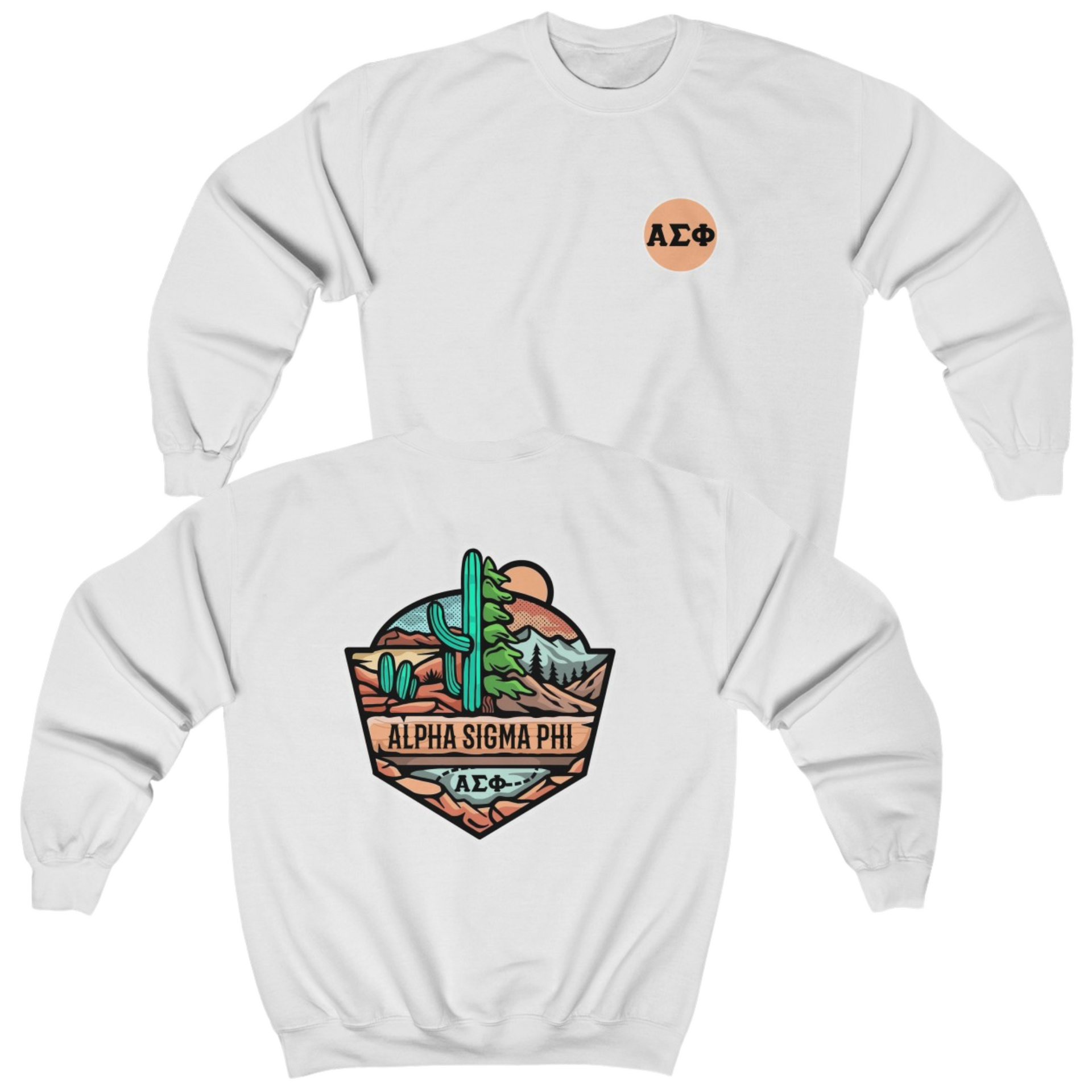 White Alpha Sigma Phi Graphic Crewneck Sweatshirt | Desert Mountains | Alpha Sigma Phi Fraternity Shirt