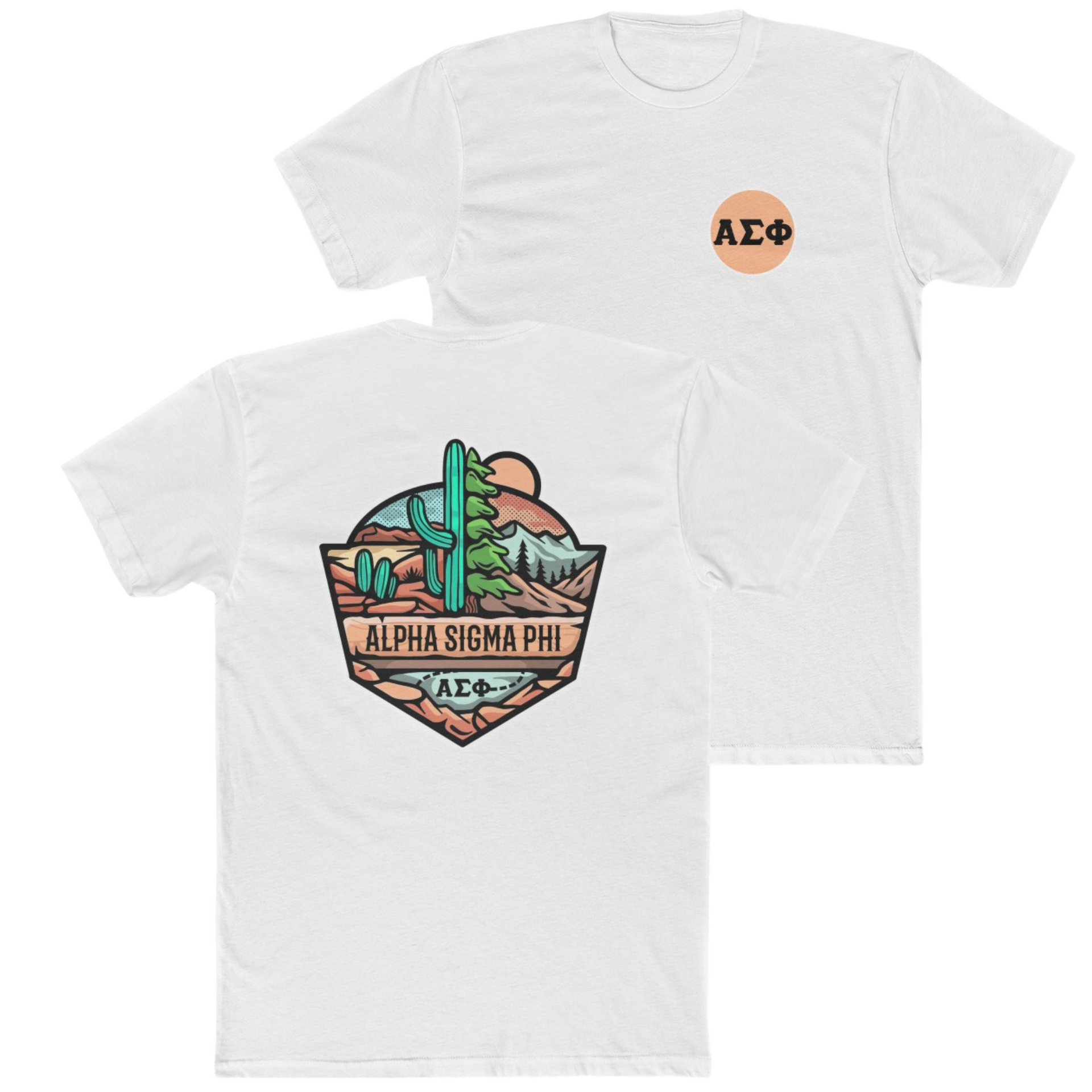 White Alpha Sigma Phi Graphic T-Shirt | Desert Mountains | Alpha Sigma Phi Fraternity Shirt