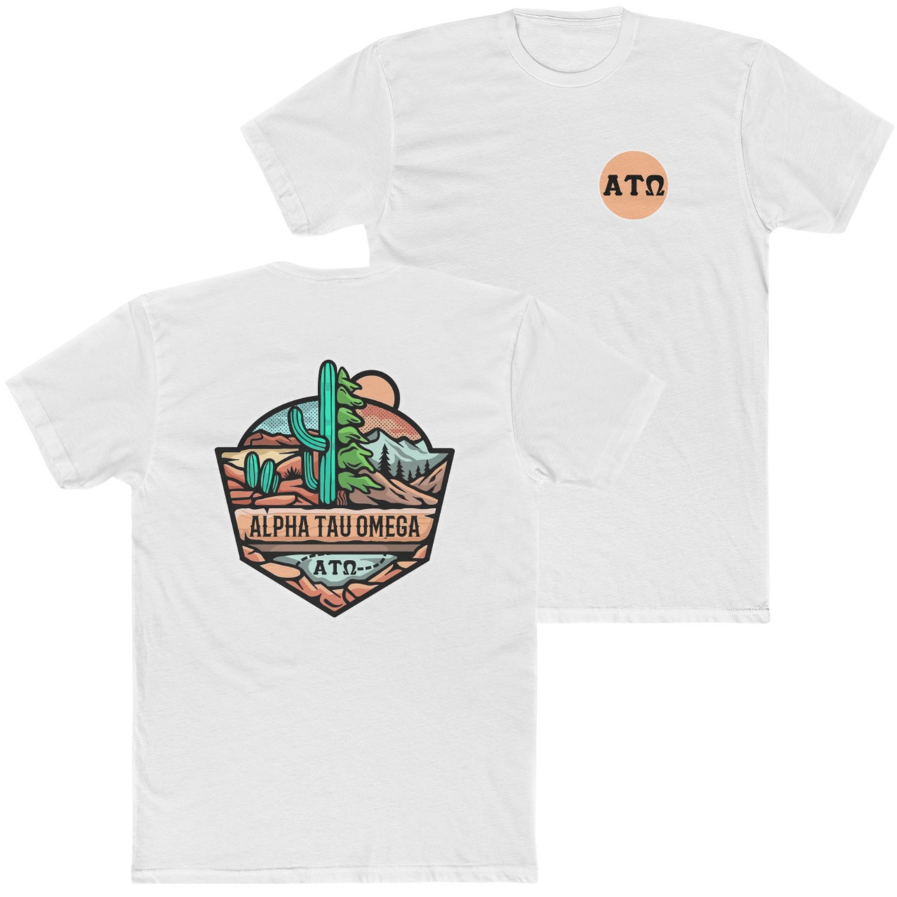 White Alpha Tau Omega Graphic T-Shirt | Desert Mountains | Alpha Tau Omega Fraternity Merch 