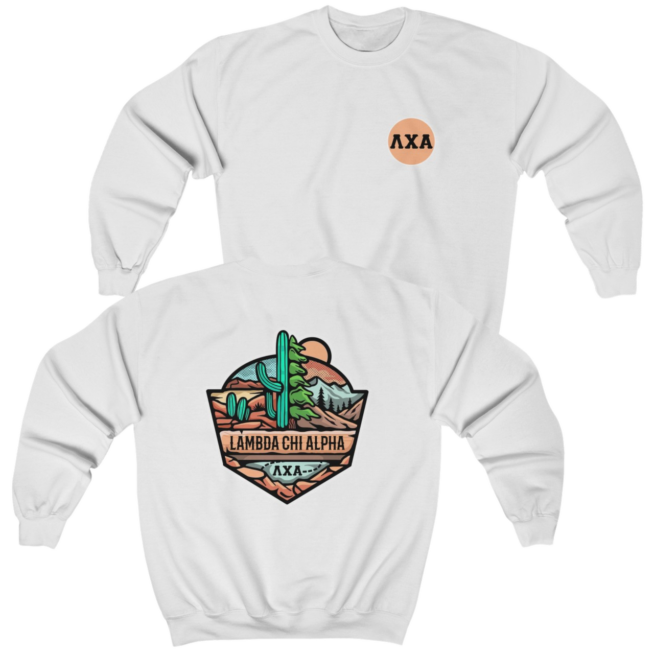 White Lambda Chi Alpha Graphic Crewneck Sweatshirt | Desert Mountains | Lambda Chi Alpha Fraternity Apparel 