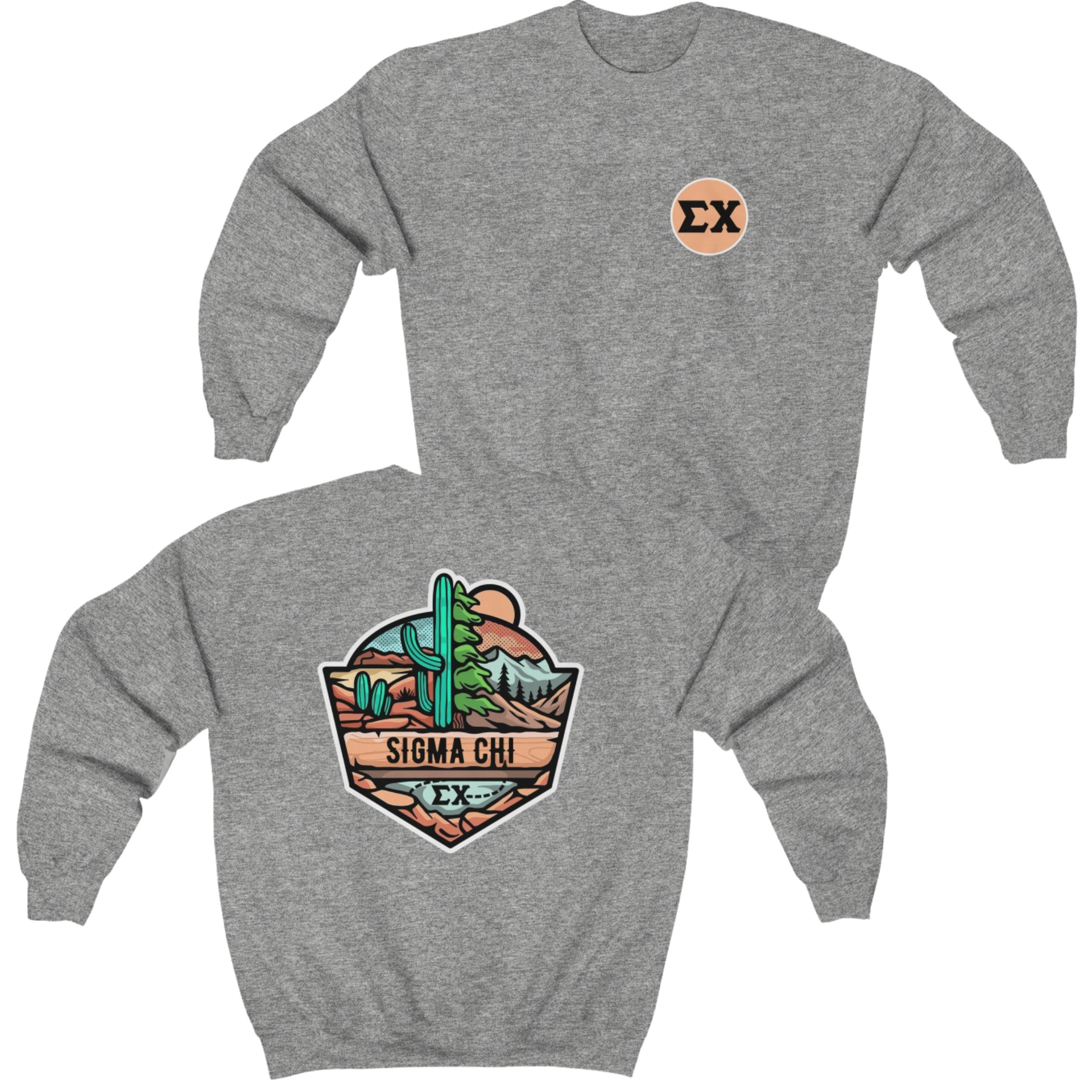 Grey Sigma Chi Graphic Crewneck Sweatshirt | Desert Mountains | Sigma Chi Fraternity Apparel