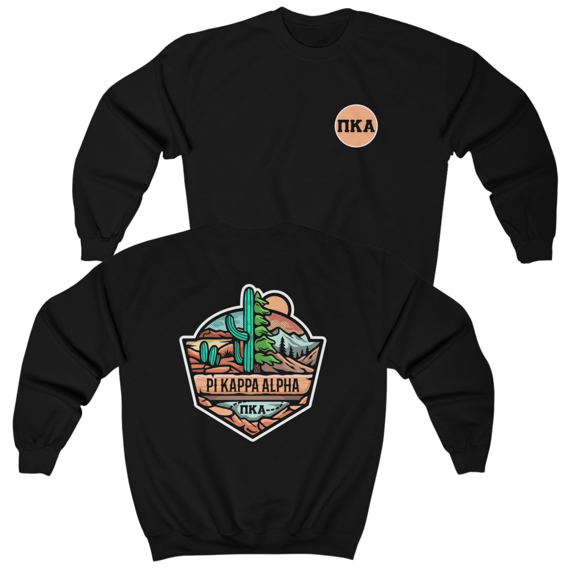black Pi Kappa Alpha Graphic Crewneck Sweatshirt | Desert Mountains | Pi kappa alpha fraternity shirt 