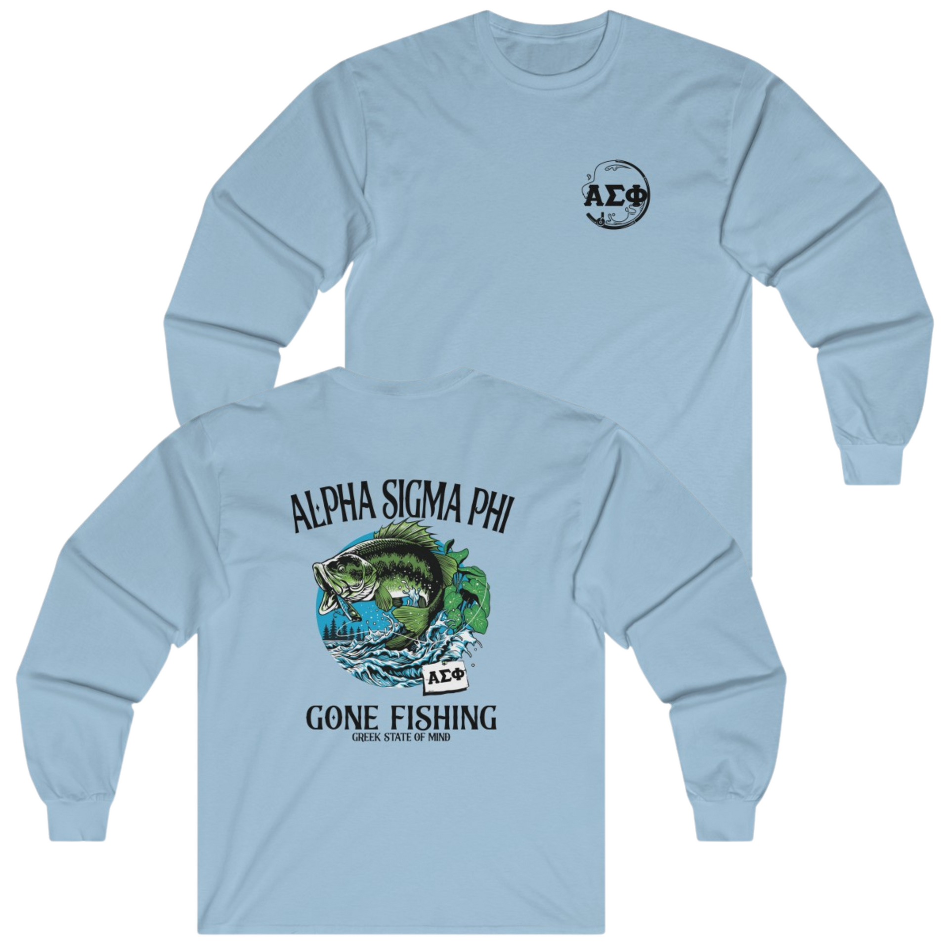 Light Blue Alpha Sigma Phi Graphic Long Sleeve T-Shirt | Gone Fishing | Fraternity Shirt