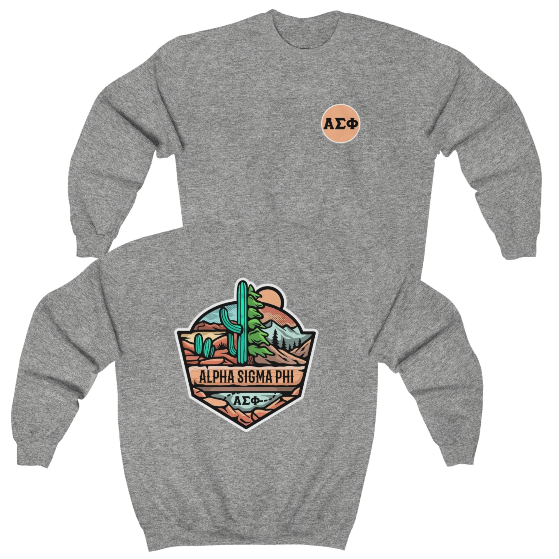 Grey Alpha Sigma Phi Graphic Crewneck Sweatshirt | Desert Mountains | Alpha Sigma Phi Fraternity Shirt