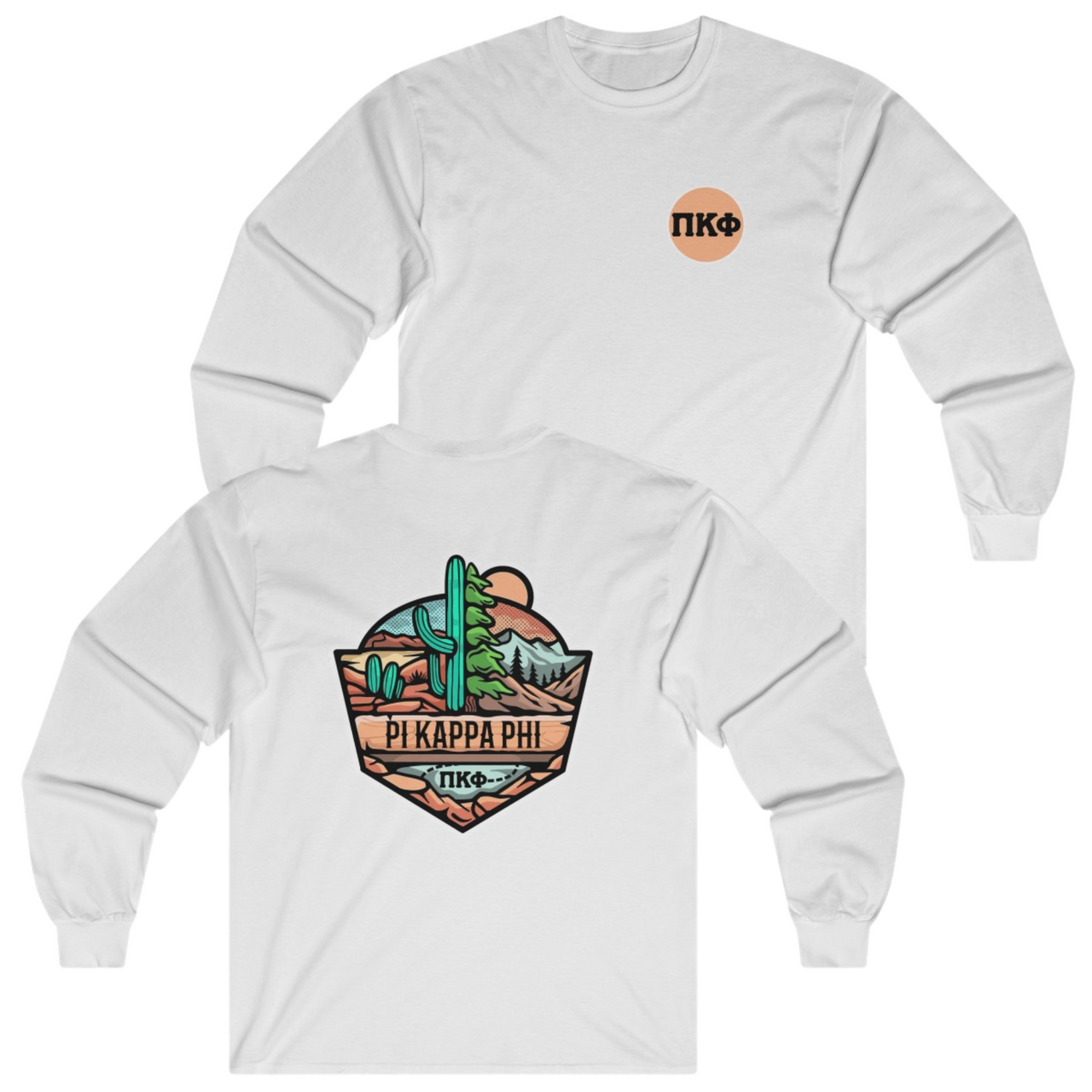White Pi Kappa Phi Graphic Long Sleeve T-Shirt | Desert Mountains | Pi Kappa Phi Apparel and Merchandise 