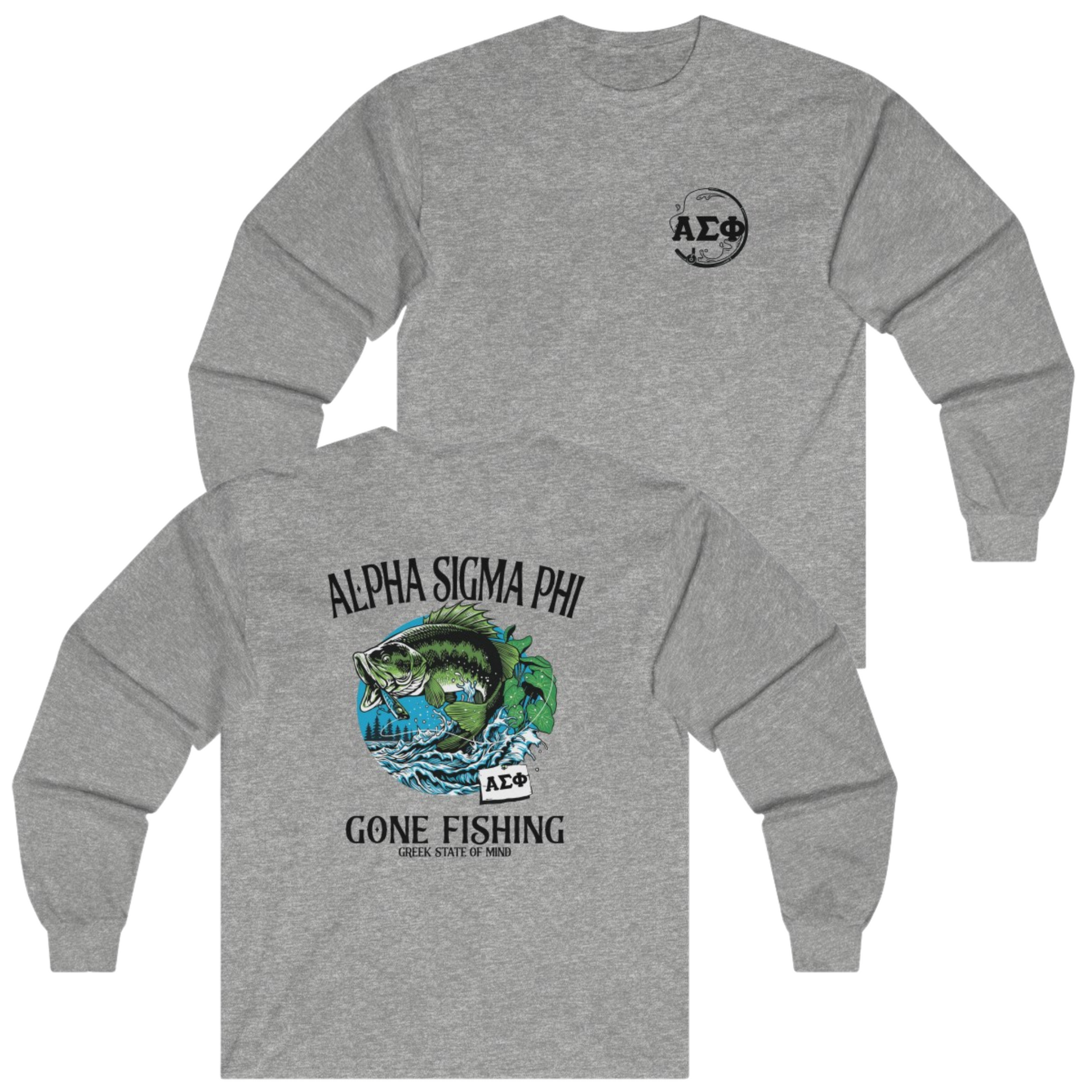 Grey Alpha Sigma Phi Graphic Long Sleeve T-Shirt | Gone Fishing | Fraternity Shirt