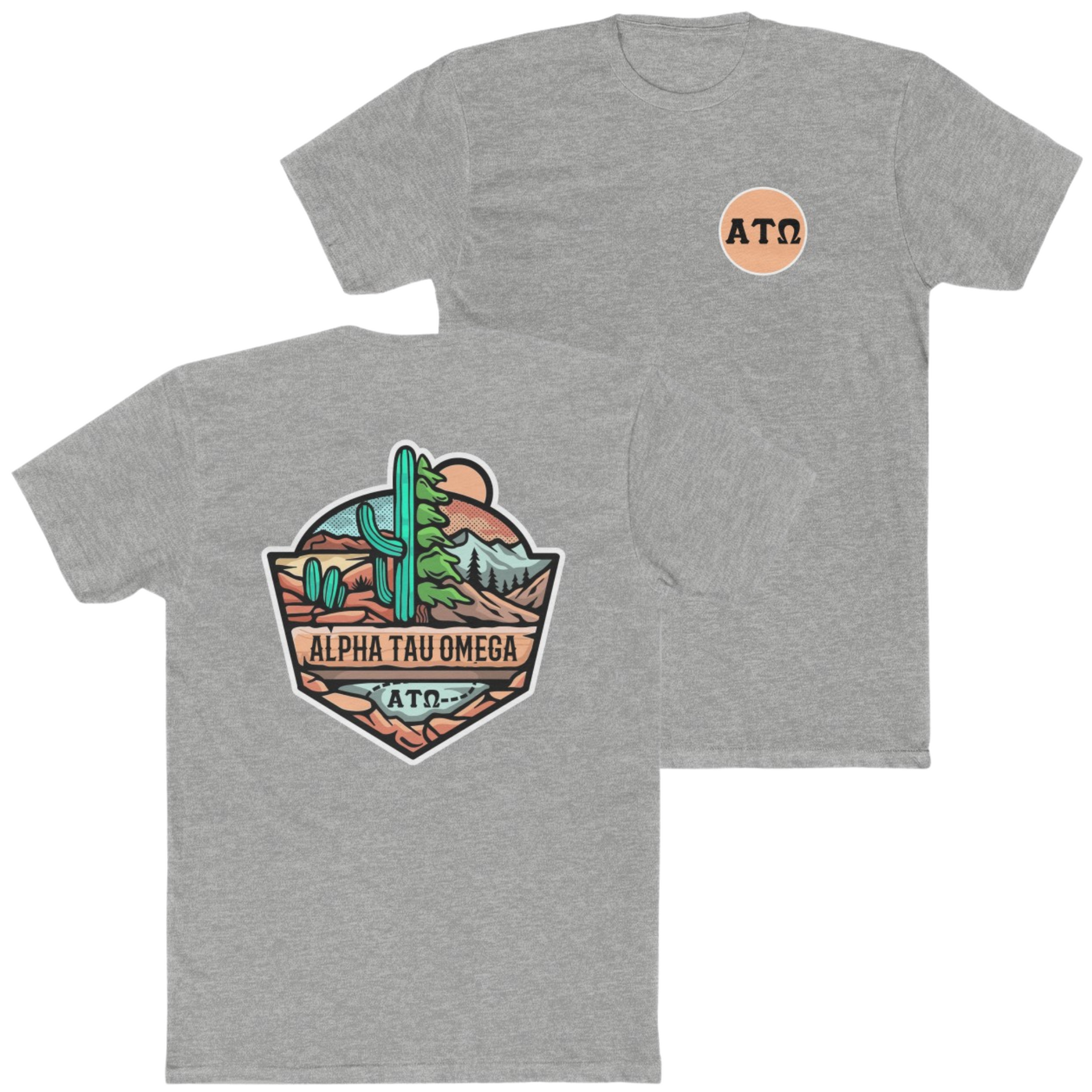 Grey Alpha Tau Omega Graphic T-Shirt | Desert Mountains | Alpha Tau Omega Fraternity Merch 