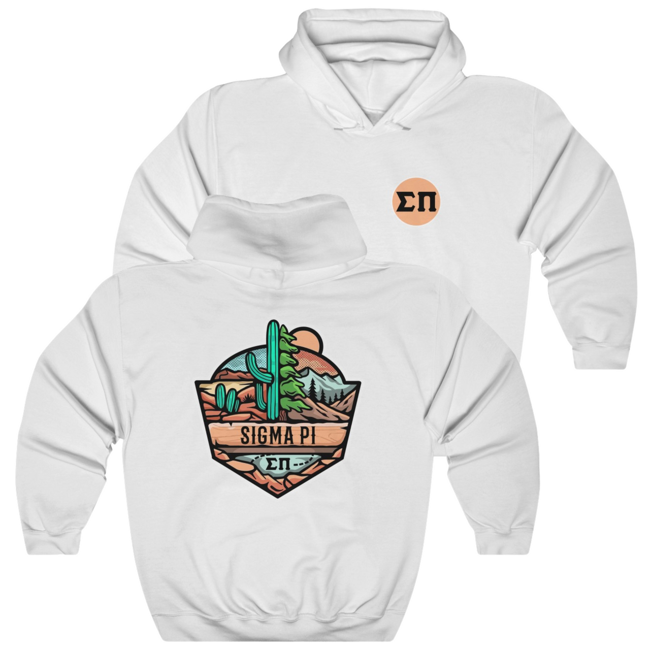 White Sigma Pi Graphic Hoodie | Desert Mountains | Sigma Pi Apparel and Merchandise