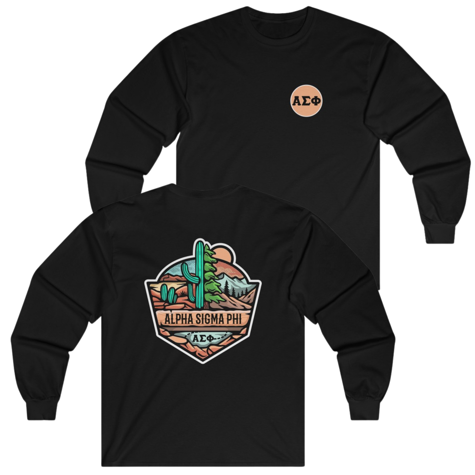 Black Alpha Sigma Phi Graphic Long Sleeve T-Shirt | Desert Mountains | Alpha Sigma Phi Fraternity Shirt 