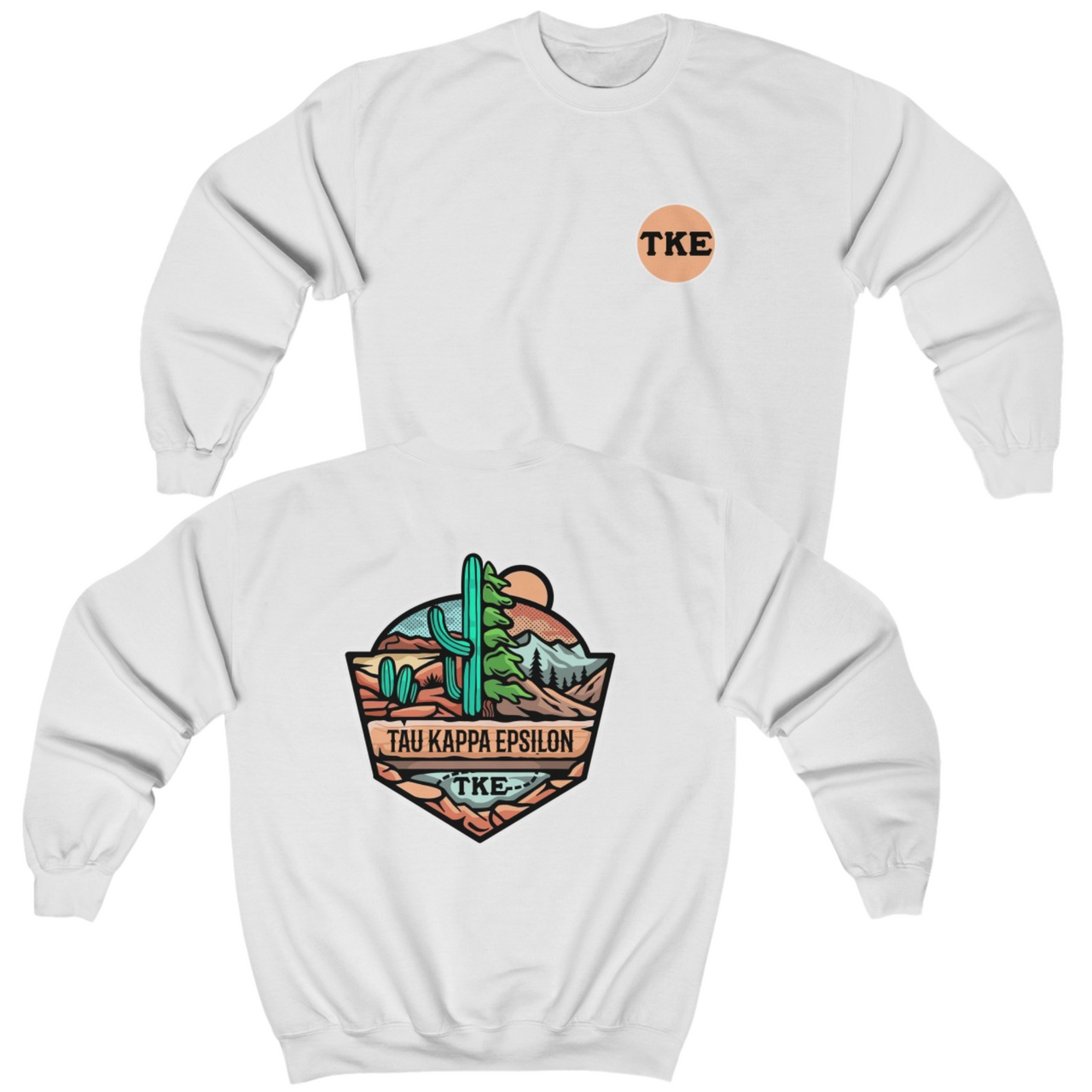 White Tau Kappa Epsilon Graphic Crewneck Sweatshirt | Desert Mountains | TKE Clothing and Merchandise