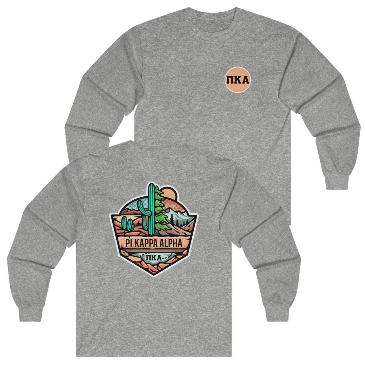 grey Pi Kappa Alpha Graphic Long Sleeve T-Shirt | Desert Mountains | Pi kappa alpha fraternity shirt