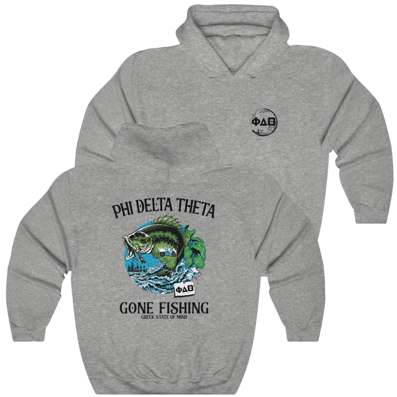 grey Phi Delta Theta Graphic Hoodie | Gone Fishing | phi delta theta fraternity greek apparel
