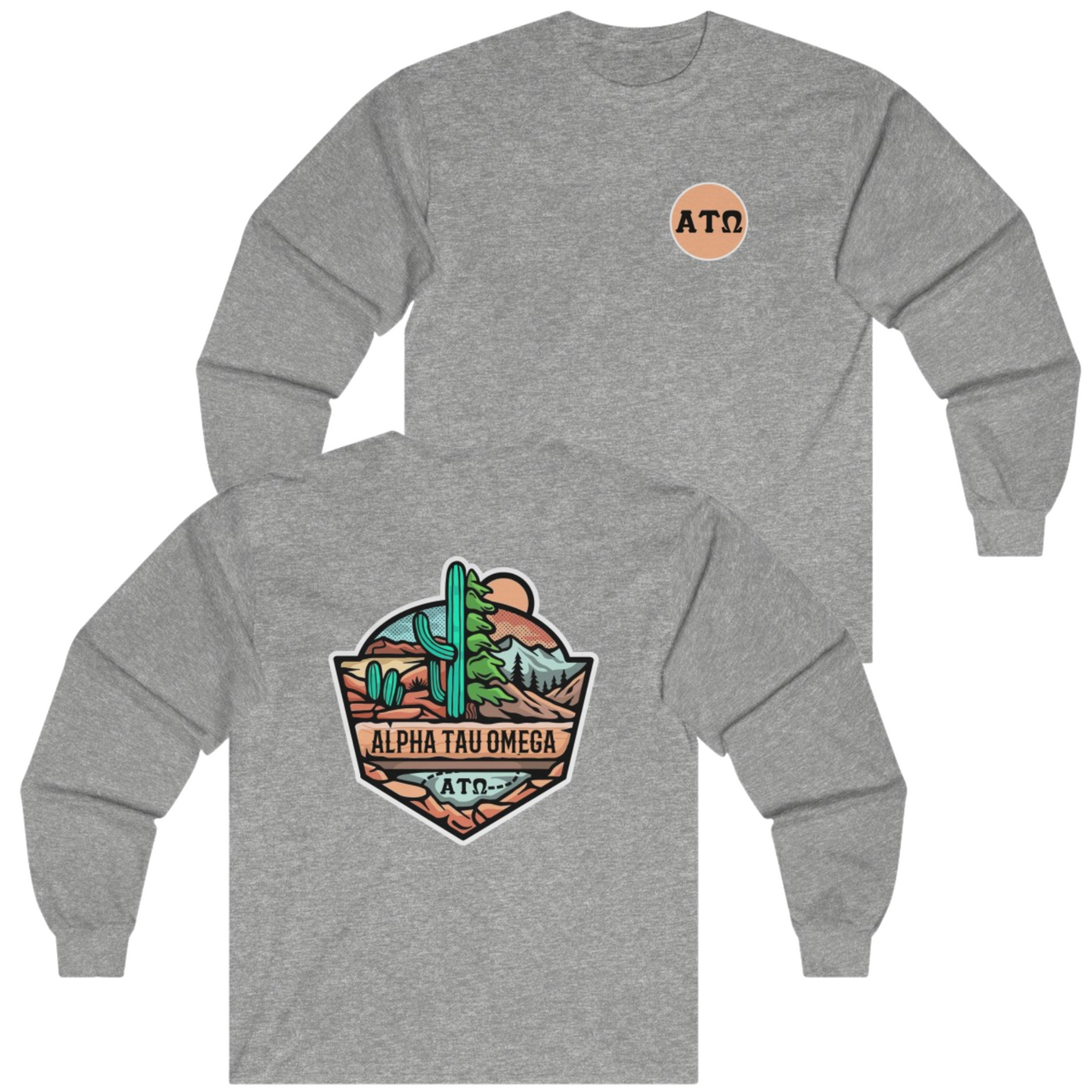 Grey Alpha Tau Omega Graphic Long Sleeve T-Shirt | Desert Mountains | Alpha Tau Omega Fraternity Merch