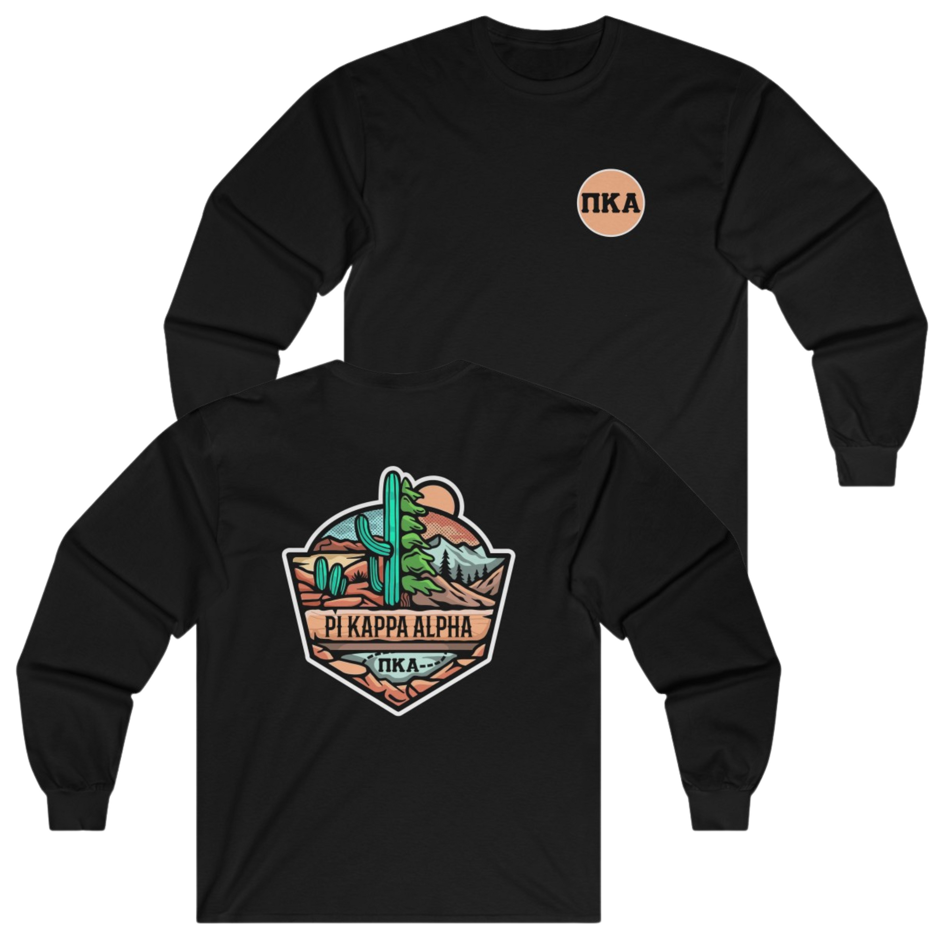 Black Pi Kappa Alpha Graphic Long Sleeve T-Shirt | Desert Mountains | Pi kappa alpha fraternity shirt