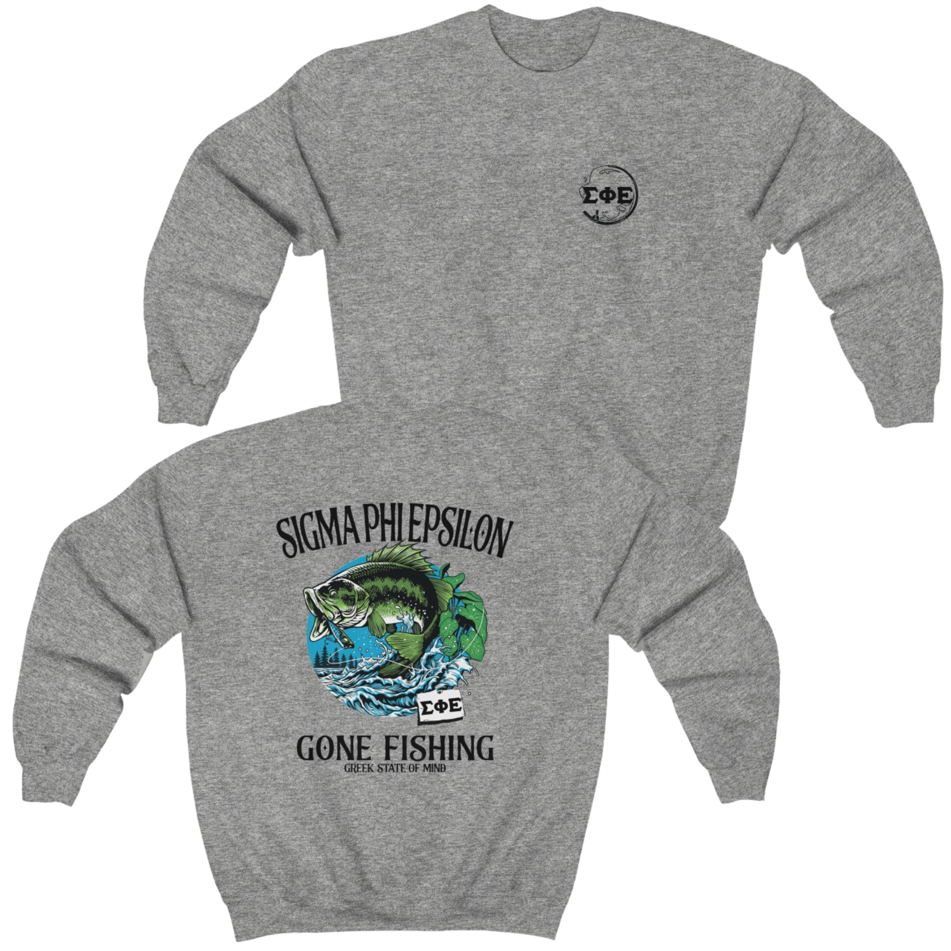 Grey Sigma Phi Epsilon Graphic Crewneck Sweatshirt | Gone Fishing | SigEp Clothing - Campus Apparel 