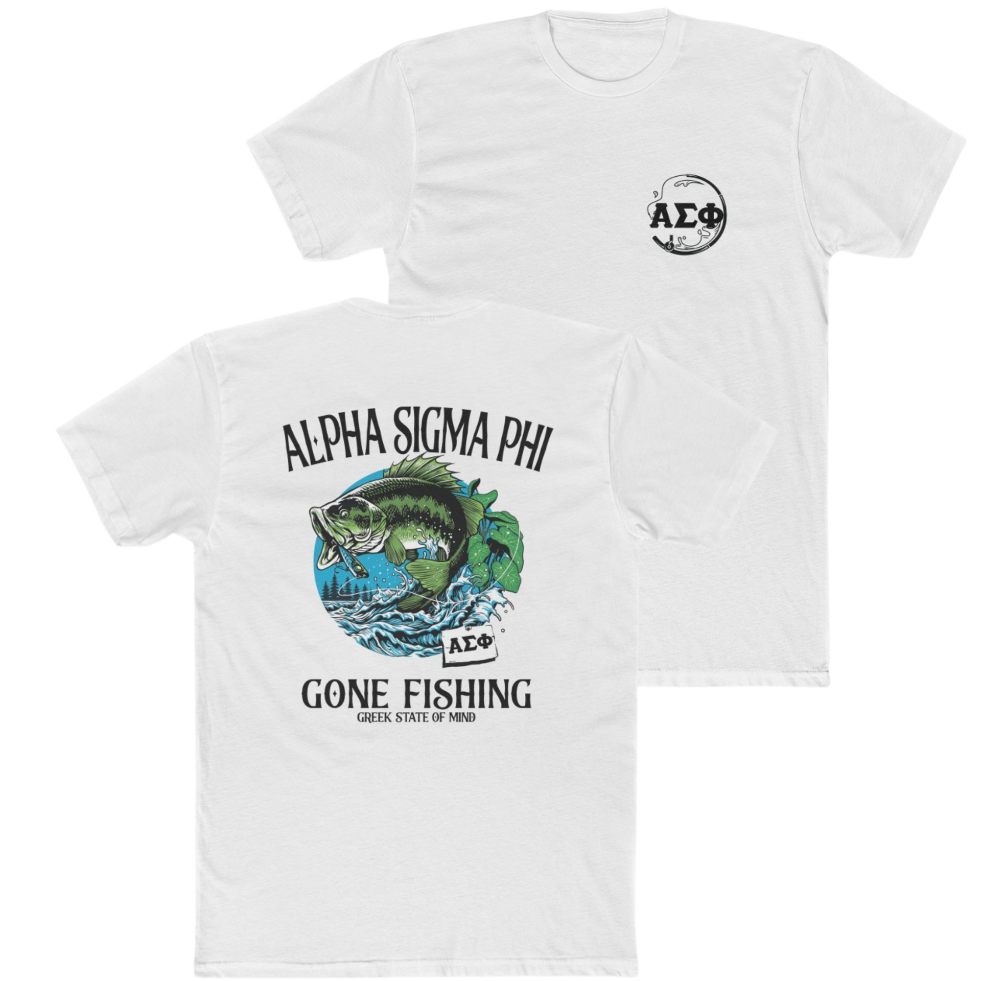 White Alpha Sigma Phi Graphic T-Shirt | Gone Fishing | Alpha Sigma Phi Fraternity Shirt