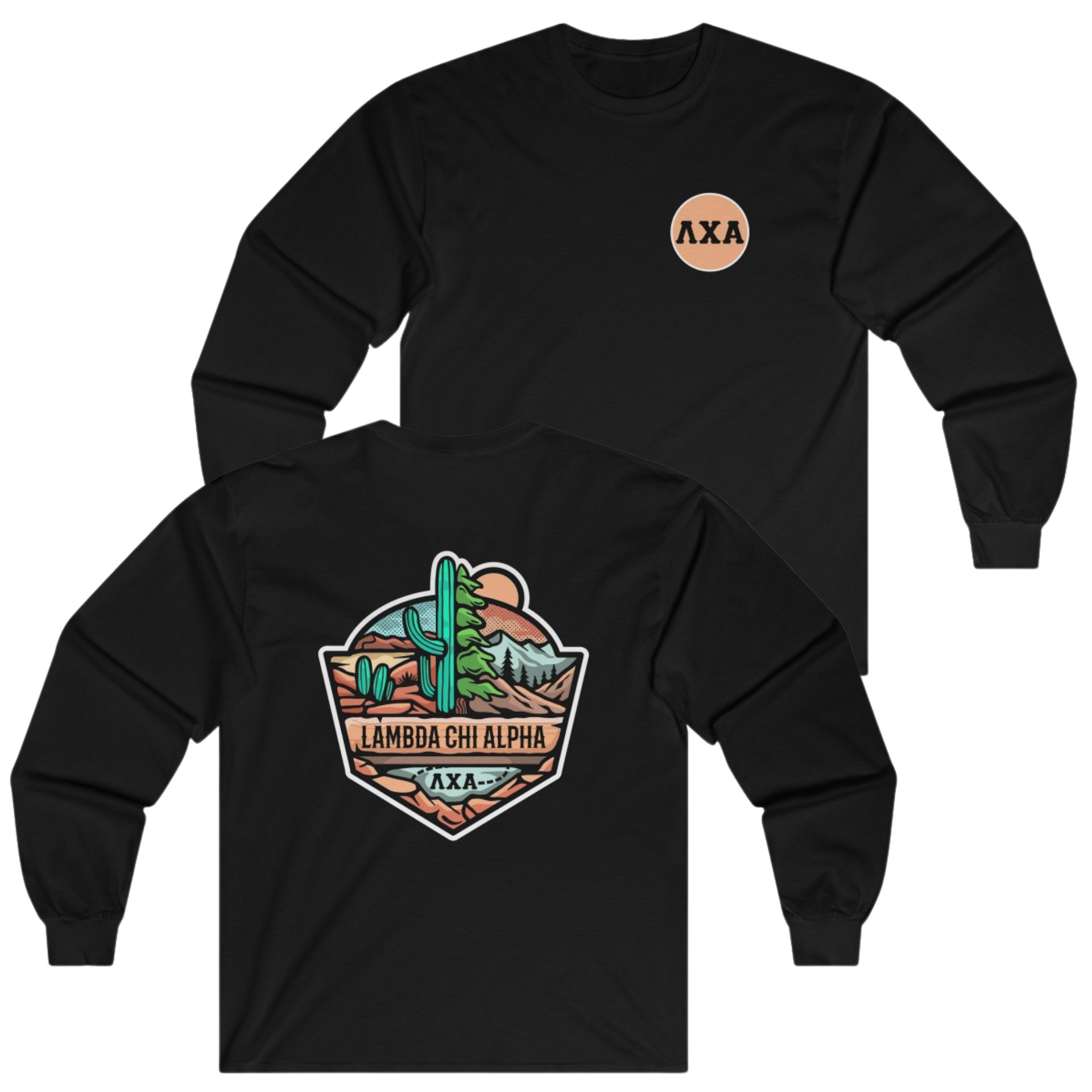 Black Lambda Chi Alpha Graphic Long Sleeve T-Shirt | Desert Mountains | Lambda Chi Alpha Fraternity Apparel 