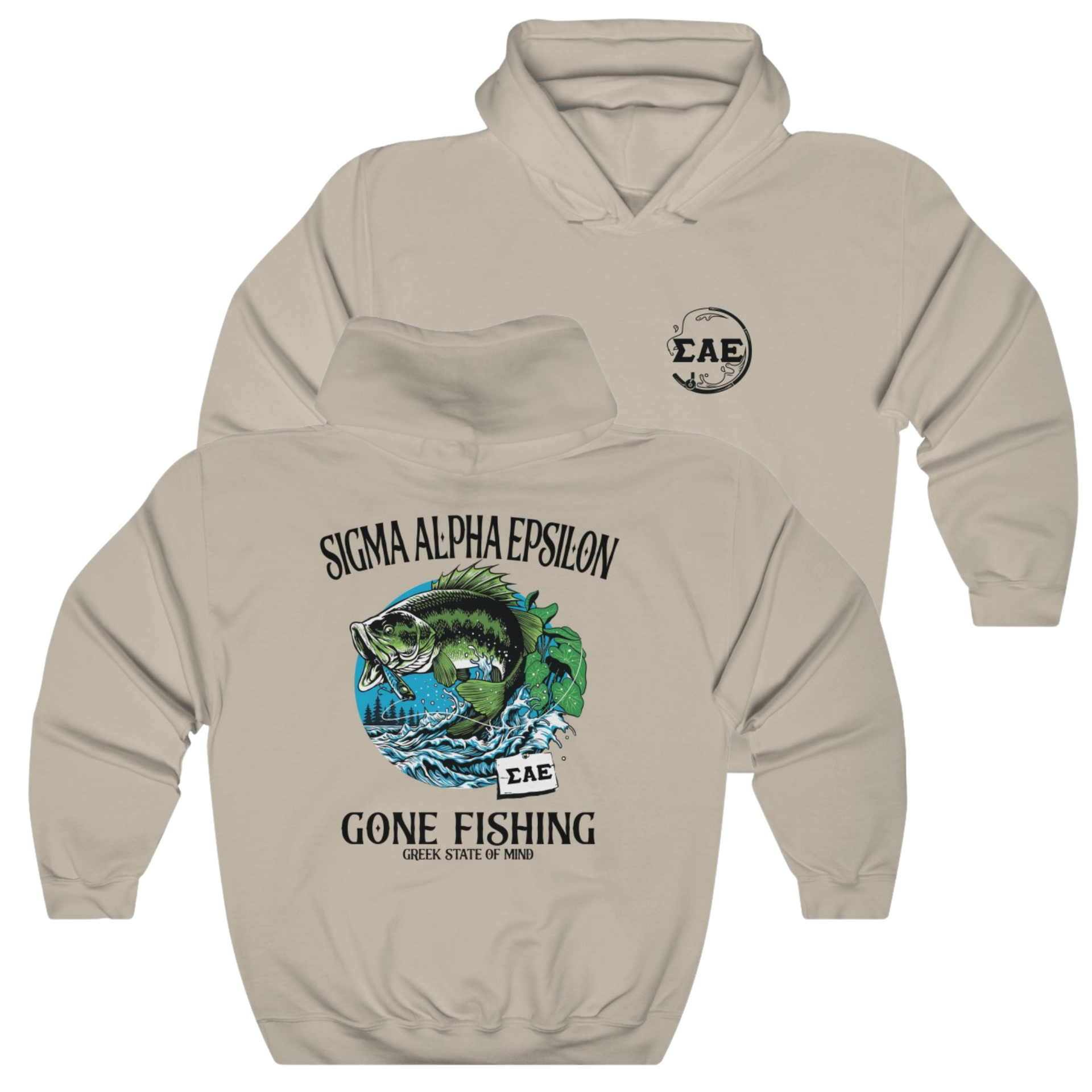 Sand Sigma Alpha Epsilon Graphic Hoodie | Gone Fishing | Sigma Alpha Epsilon Clothing and Merchandise