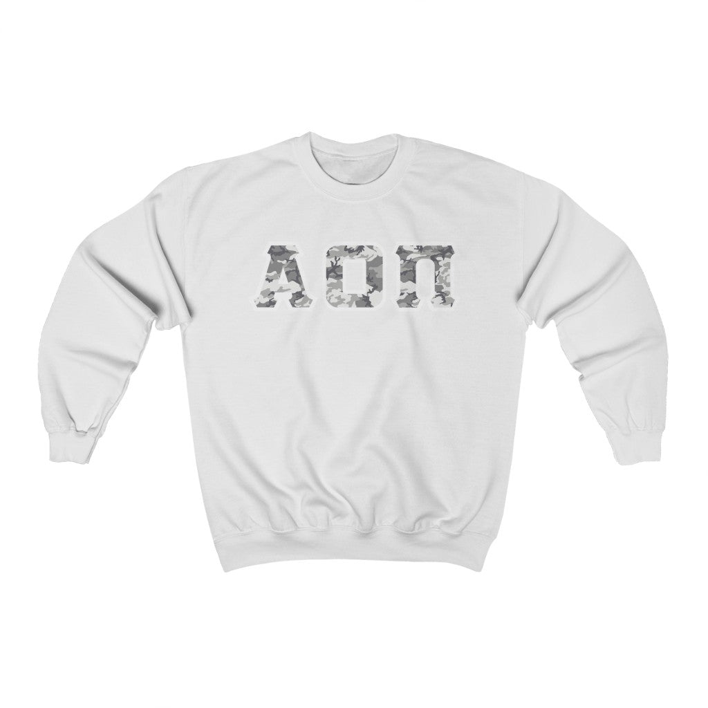 Alpha Omicron Pi Printed Letters | Winter Camo Crewneck
