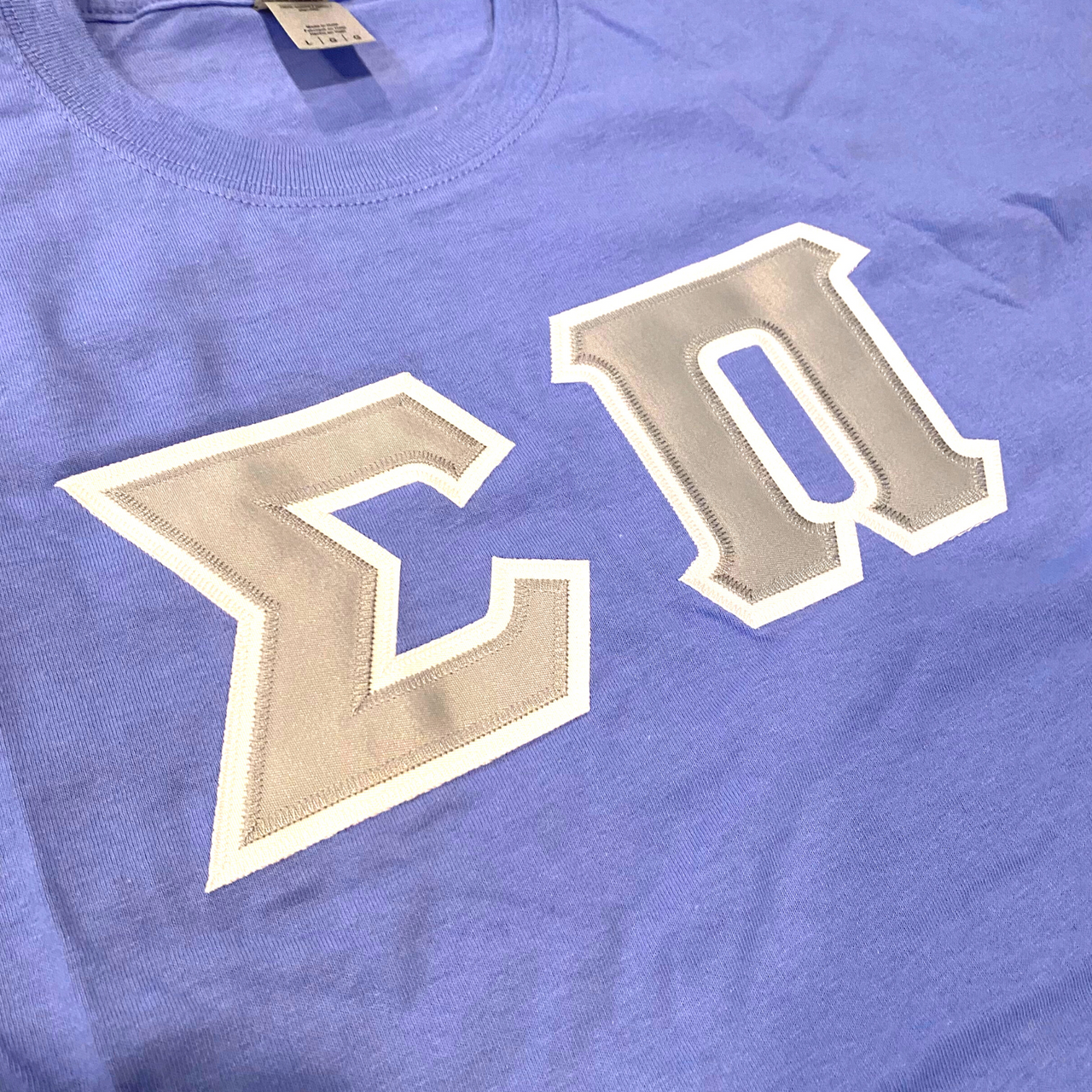 Sigma Pi Stitched Letter T-Shirt | Flo Blue | Gray Letters with White Border