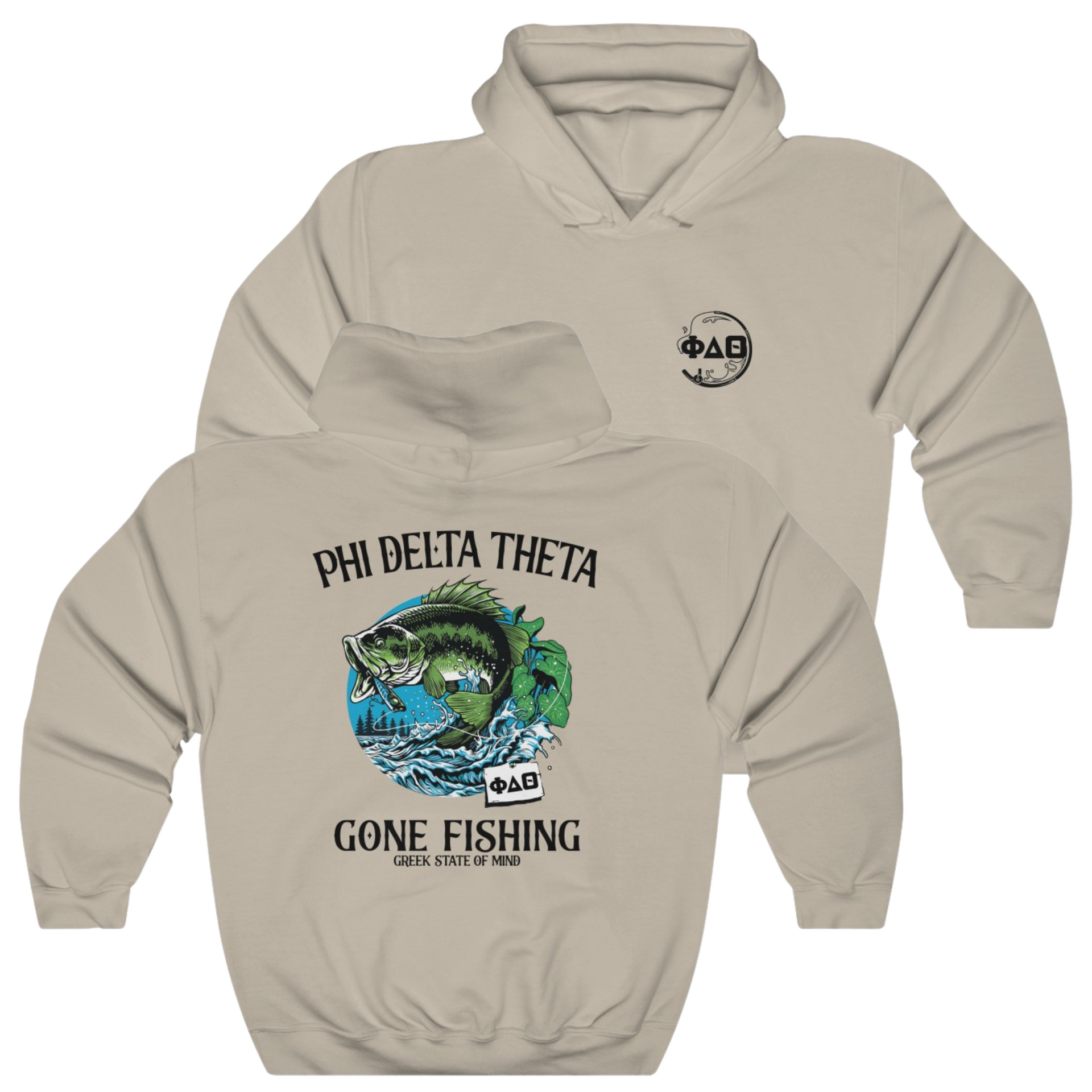sand Phi Delta Theta Graphic Hoodie | Gone Fishing | phi delta theta fraternity greek apparel