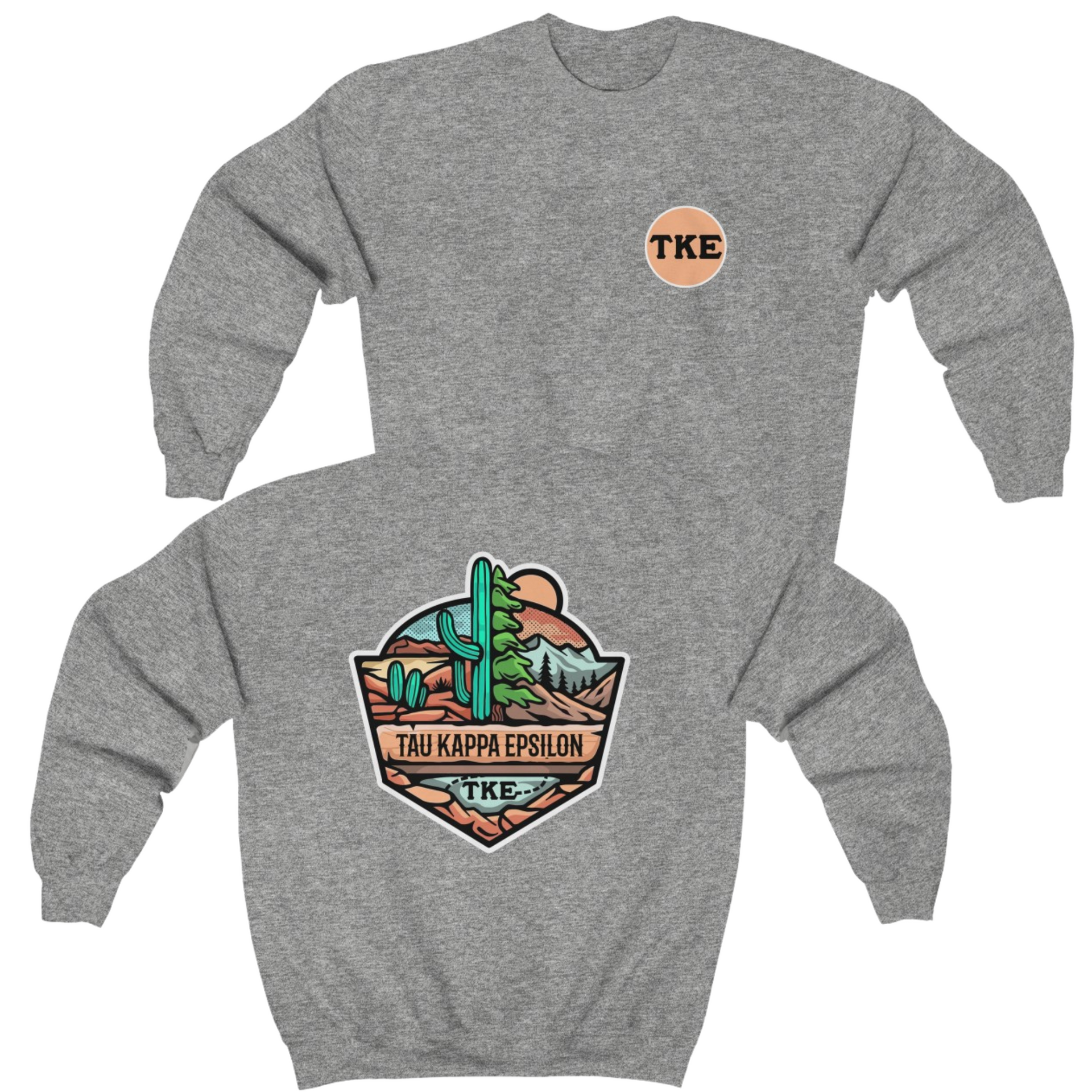 Grey Tau Kappa Epsilon Graphic Crewneck Sweatshirt | Desert Mountains | TKE Clothing and Merchandise