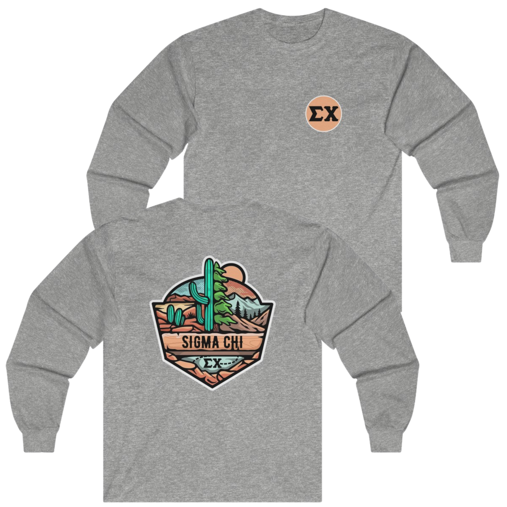 Grey Sigma Chi Graphic Long Sleeve T-Shirt | Desert Mountains | Sigma Chi Fraternity Apparel