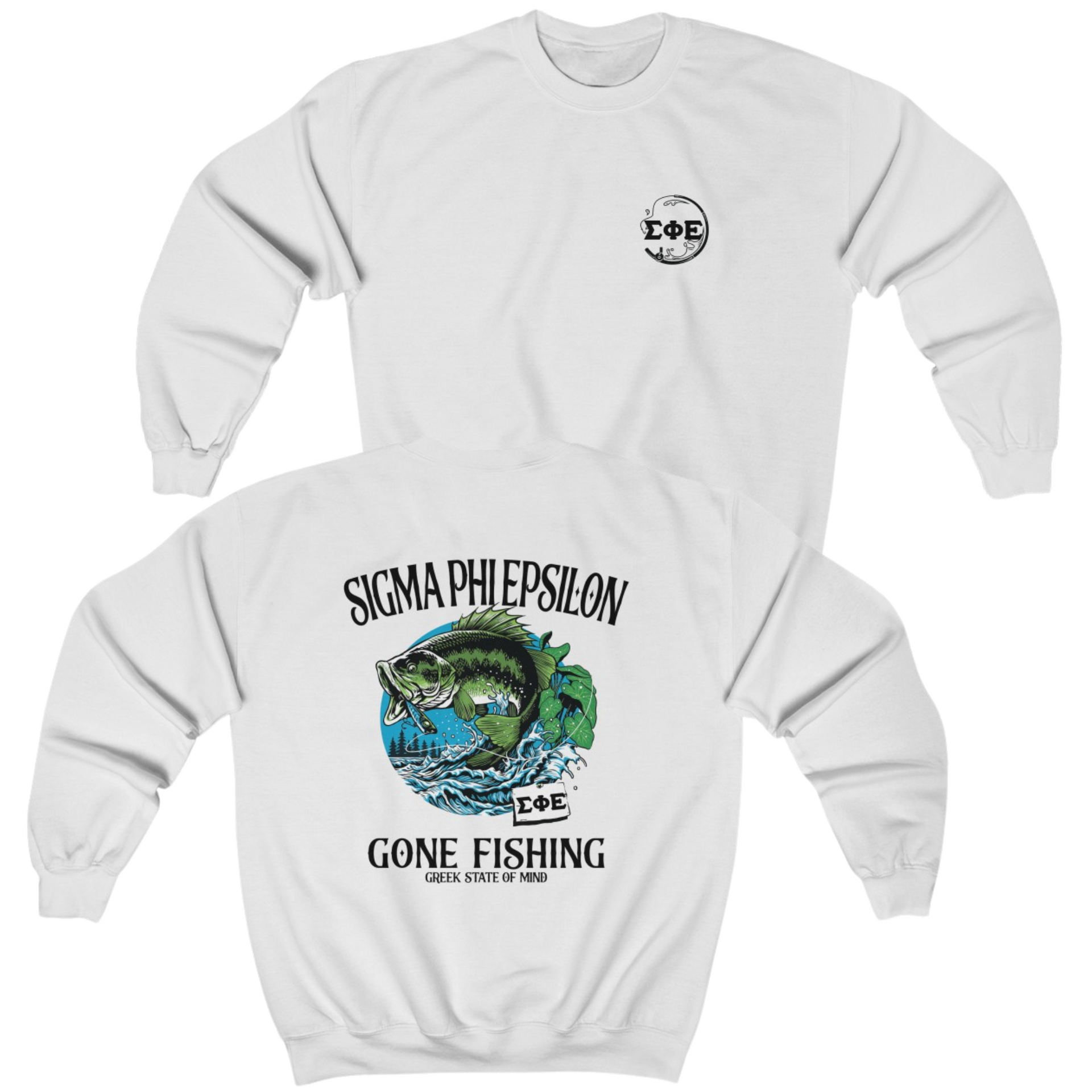 White Sigma Phi Epsilon Graphic Crewneck Sweatshirt | Gone Fishing | SigEp Clothing - Campus Apparel 