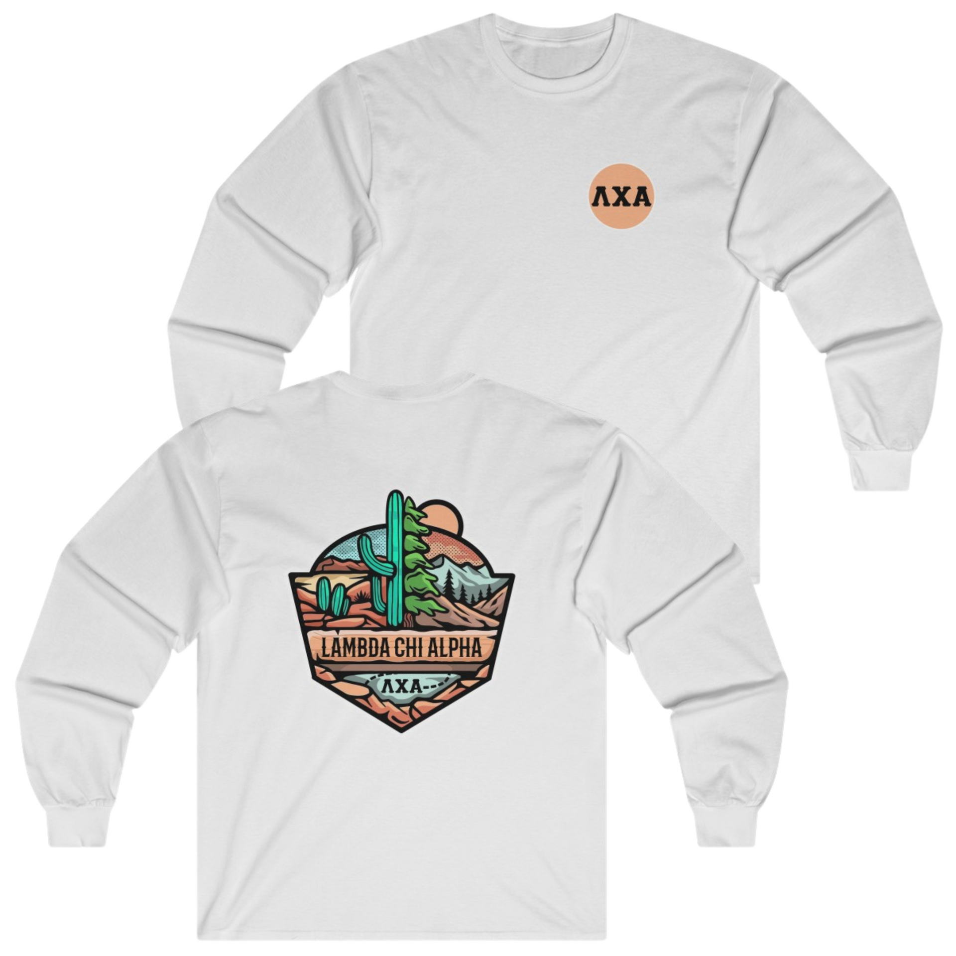 White Lambda Chi Alpha Graphic Long Sleeve T-Shirt | Desert Mountains | Lambda Chi Alpha Fraternity Apparel 
