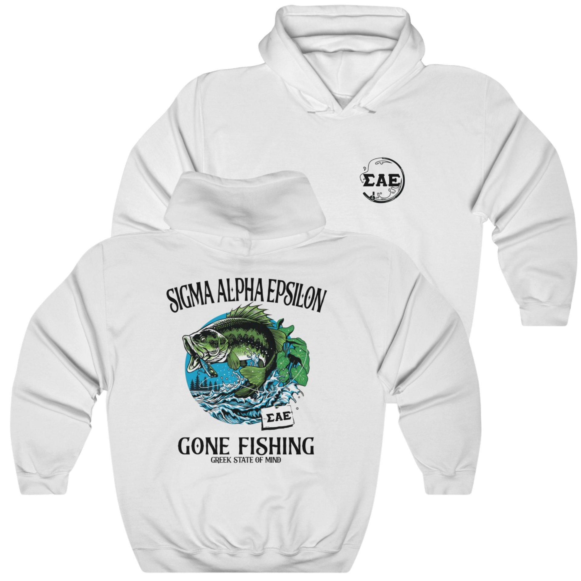 White Sigma Alpha Epsilon Graphic Hoodie | Gone Fishing | Sigma Alpha Epsilon Clothing and Merchandise