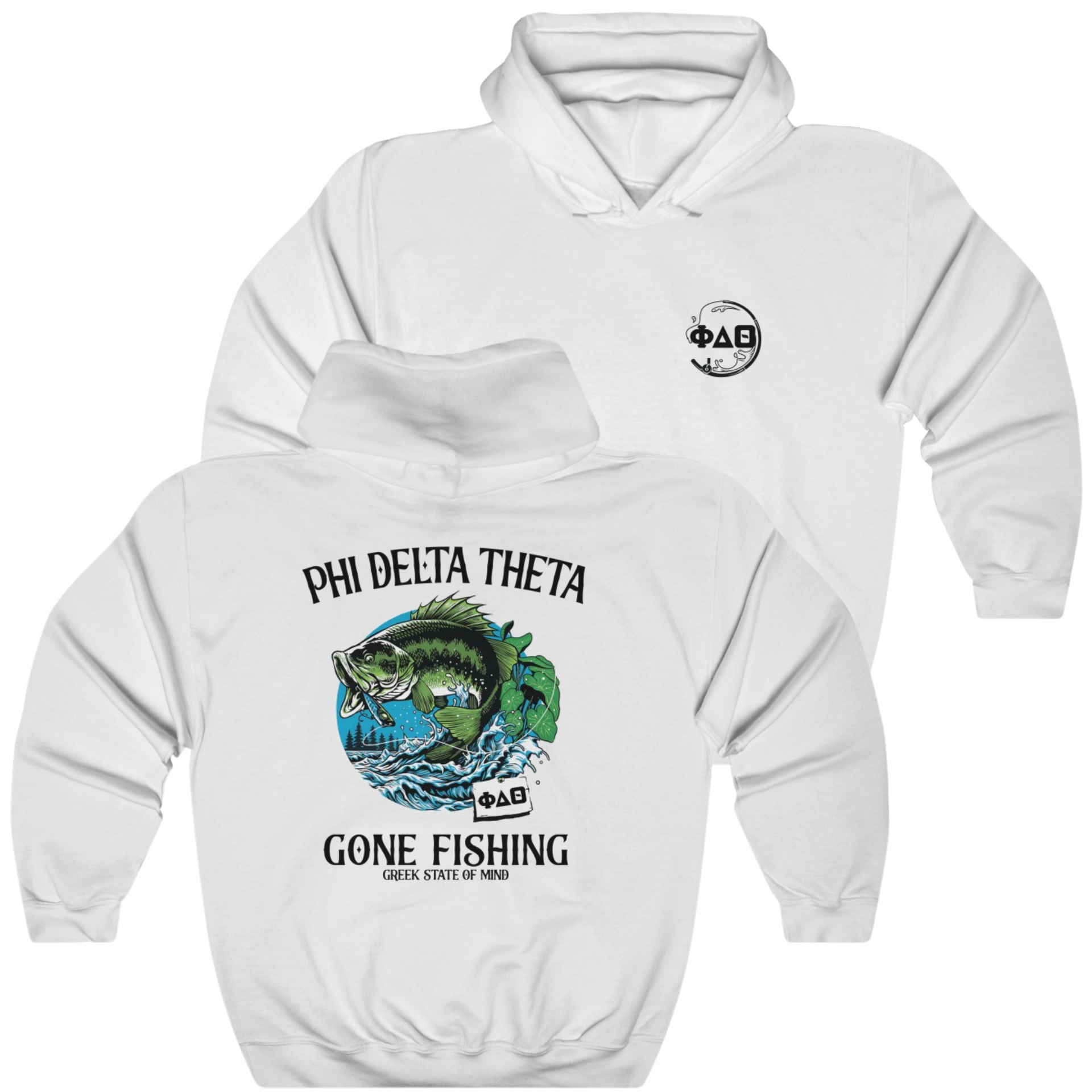 white Phi Delta Theta Graphic Hoodie | Gone Fishing | phi delta theta fraternity greek apparel