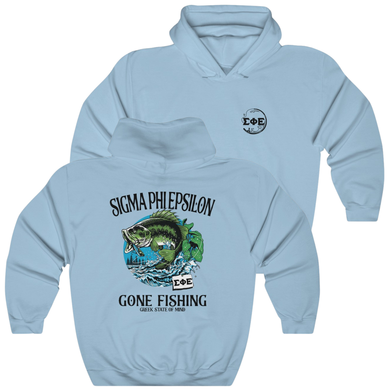 Light Blue Sigma Phi Epsilon Graphic Hoodie | Gone Fishing | SigEp Clothing - Campus Apparel