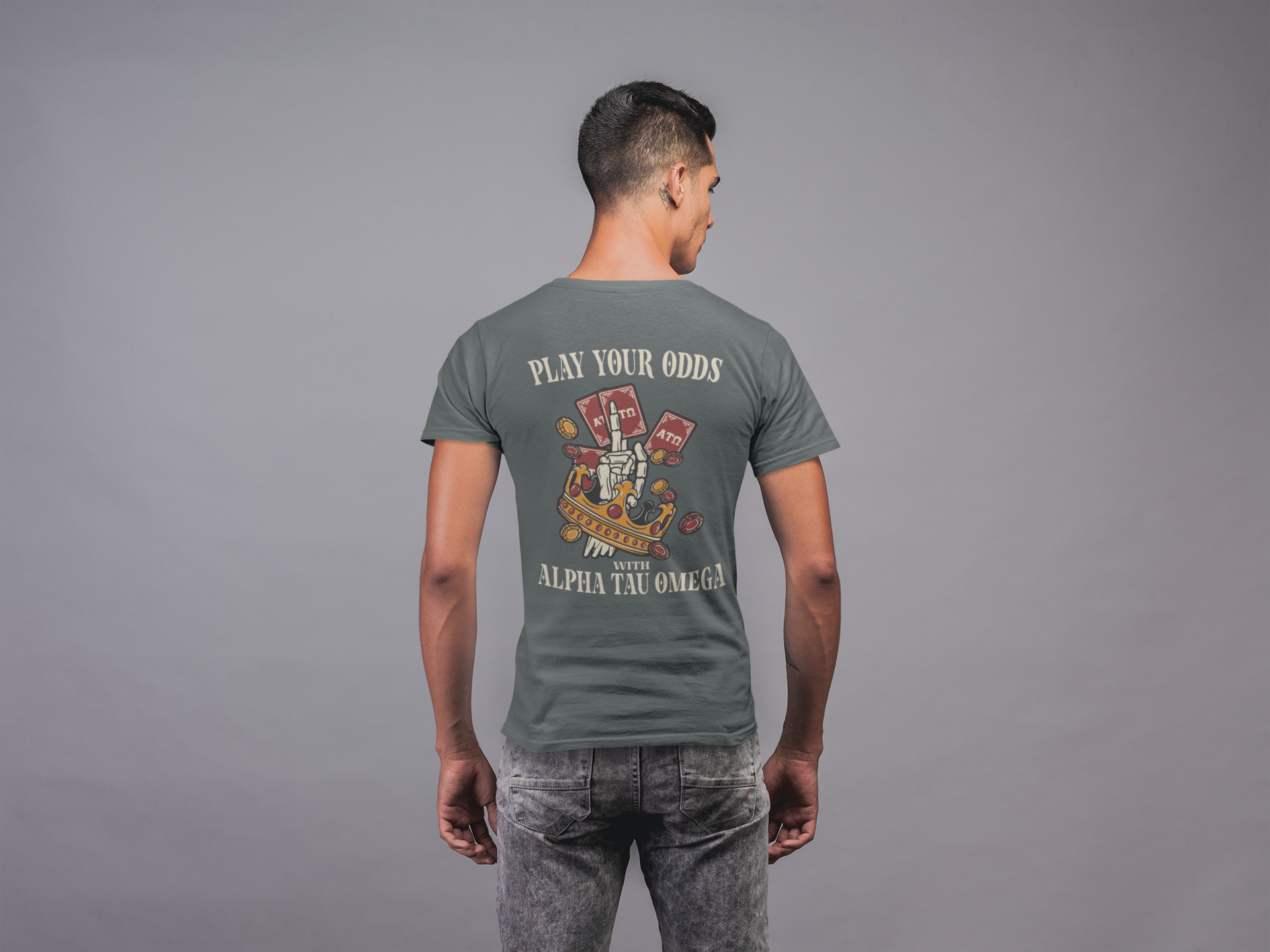 grey Alpha Tau Omega Graphic T-Shirt | Play Your Odds | Fraternity Merchandise model 