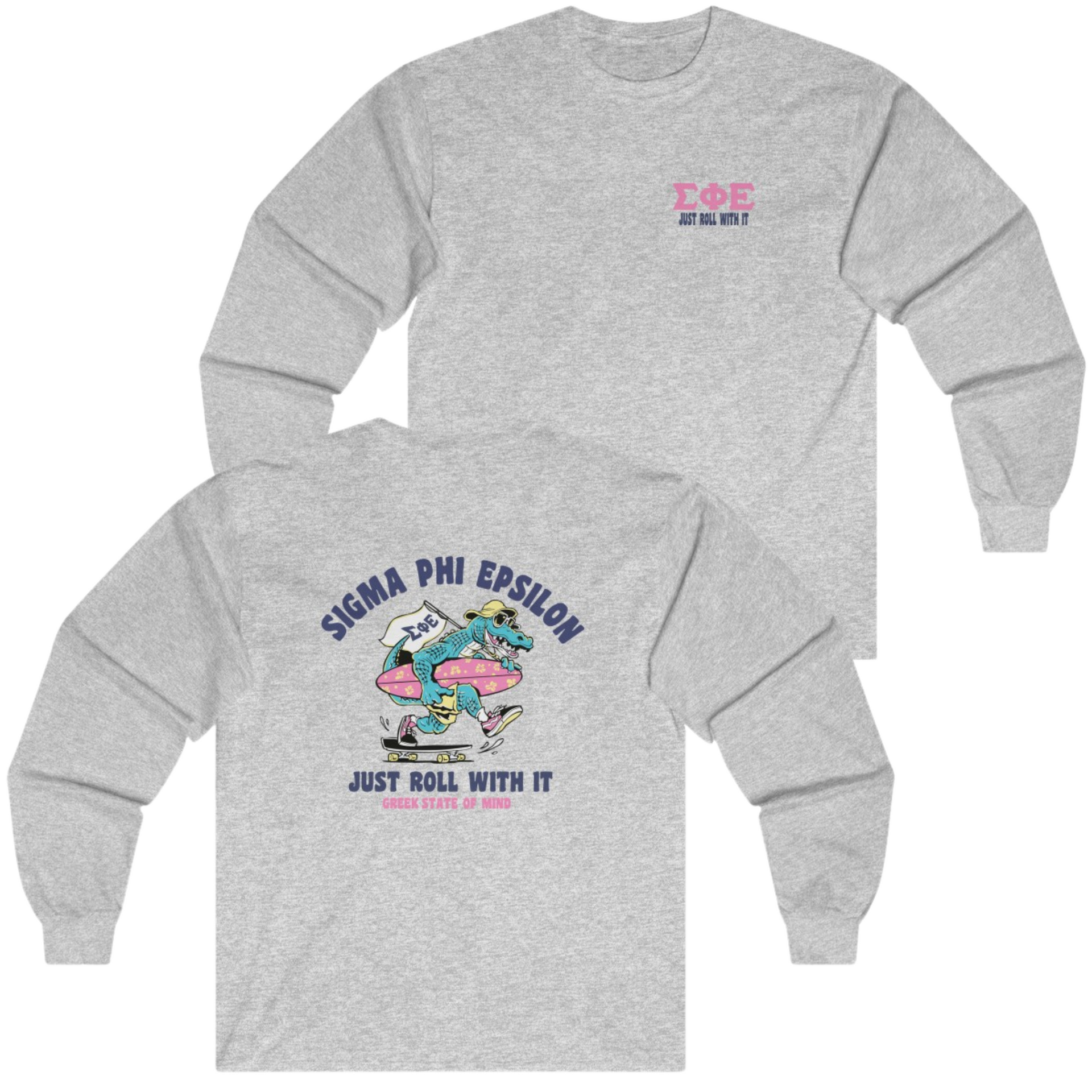 Grey Sigma Phi Epsilon Graphic Long Sleeve | Alligator Skater | SigEp Clothing - Campus Apparel